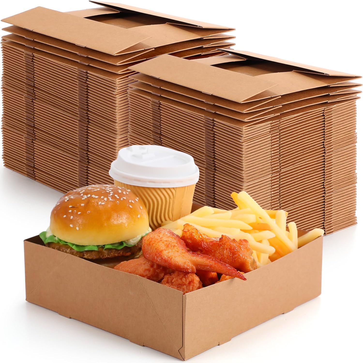 Chinco 100 Pcs 7.9 x 7.9 x 2.4 Inch 4 Corner Pop Food Tray Kraft Paperboard Disposable Foldable Cardboard Food and Drink Stadium Tray Food Containers Movie Night Snack Trays Fries Holder Carrier