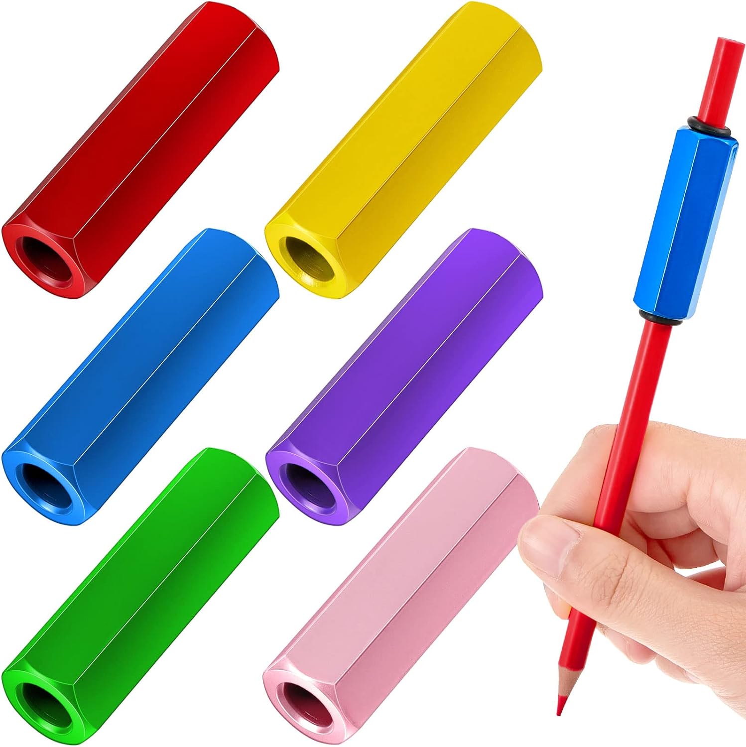 Chinco 6 Pieces Pencil Weights Kit Handwriting Aid Metal Pencil Weights Weighted pencil holder for Handwriting Autism Learning Materials (Red, Yellow, Blue, Green, Pink, Purple)