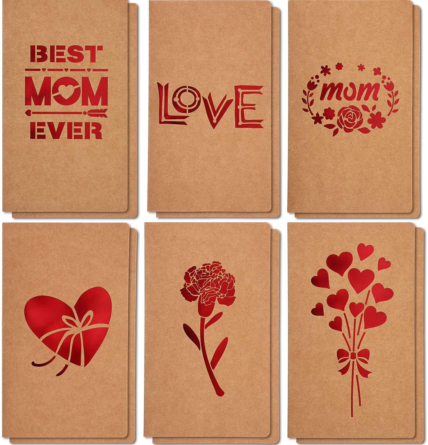 Chinco Mother' Day Greeting Gift Cards,6 Unique Assorted Kraft Die Cut Design Mother' Day Gift Best Mom Ever Cards for Mothers Day Mothers Birthday Party Supplies, Envelopes Included12 Pieces