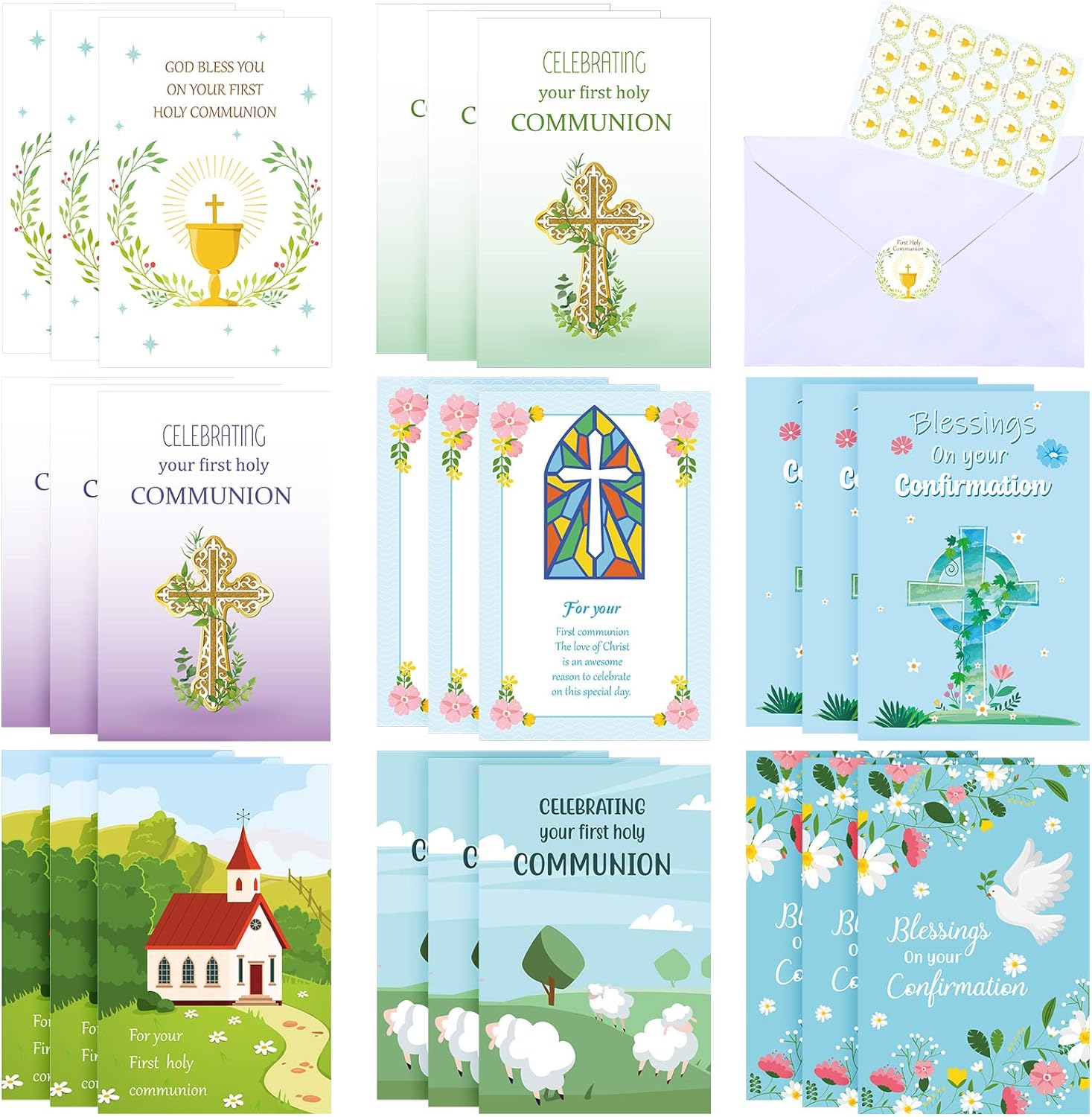 Chinco 24 Sets First Holy Communion Cards Religious Baby Baptism Greeting Card Christian Confirmation Card Christening Note Card God Bless You Baby Shower Cards for Girls Boys Resurrection Jesus God