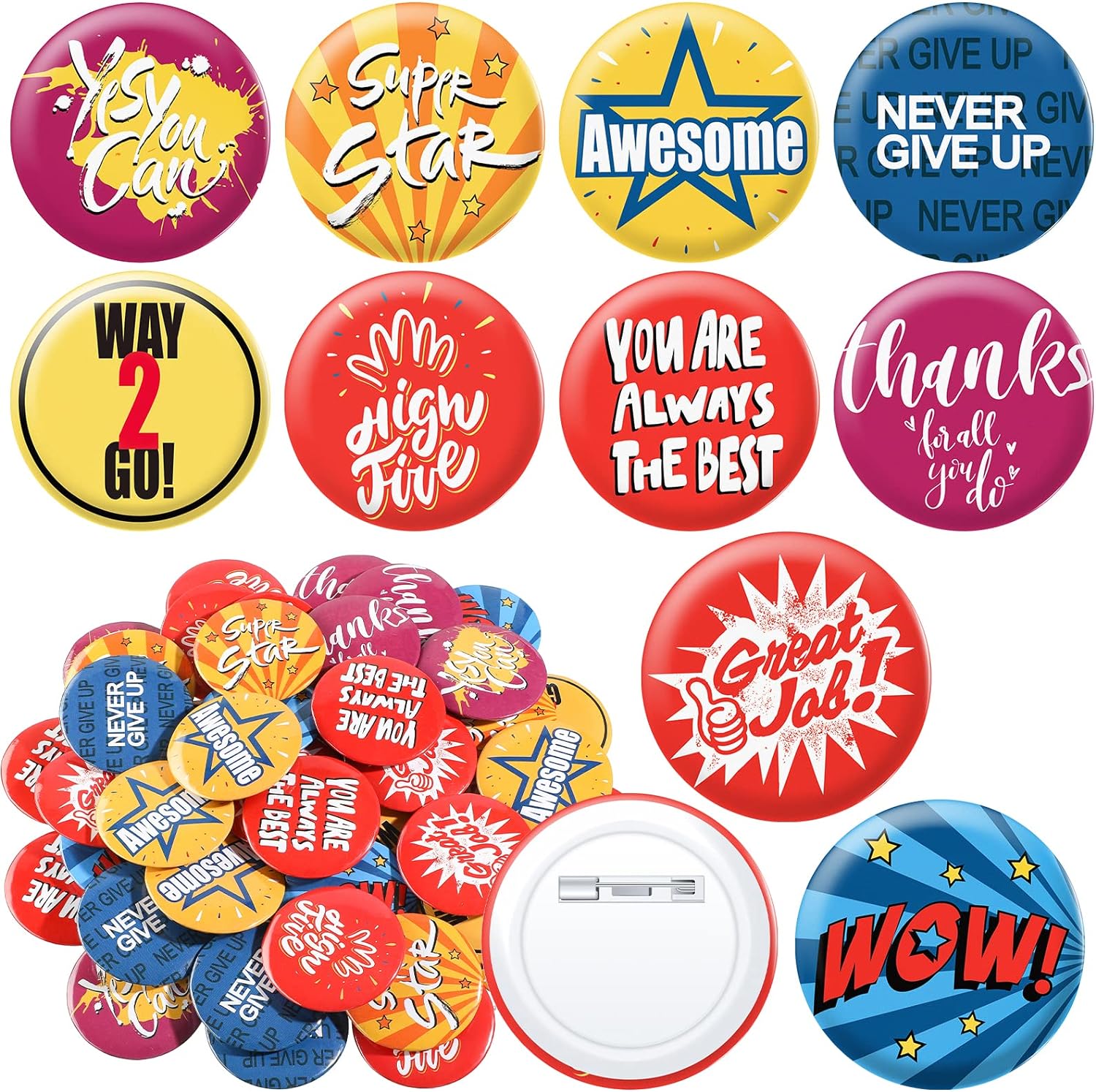 Chinco 60 Pieces Recognition Mini Buttons Mini Motivational Button Pins Round Recognition Pins Reward Pins Inspirational Recognition Button Pins for School Office Travel Present Party Supplies