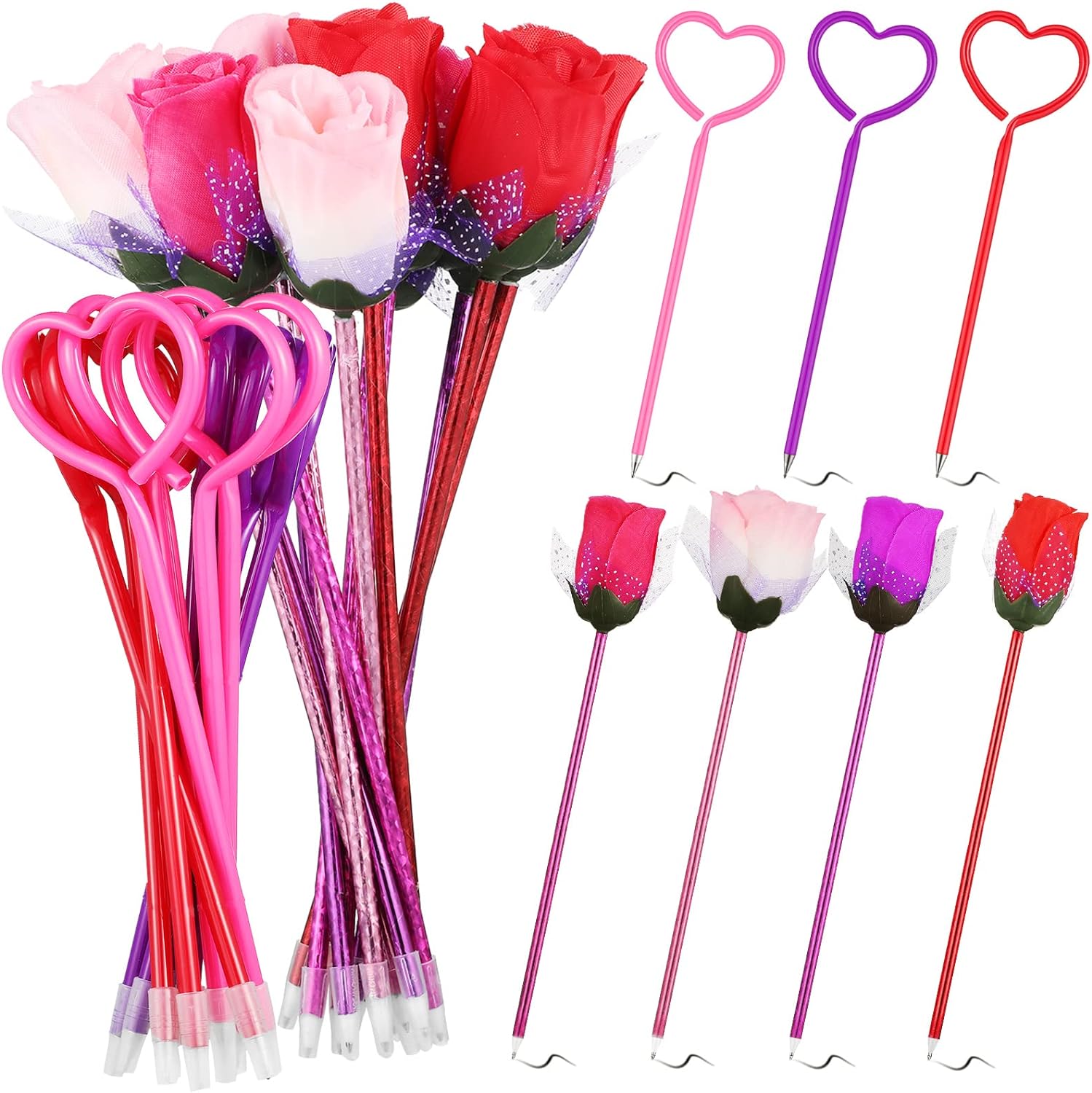 Chinco 24 Pieces Valentines Day Pens Sets, Including 12 Pieces Cute Rose Ballpoint Pen Artificial Rose Pens and 12 Pieces Heart Shaped Mother' Day Pens for Party Favor Decoration, Office Supplies