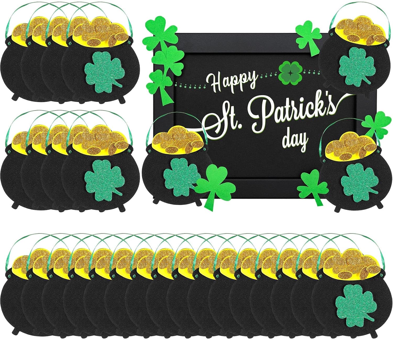 Chinco St. Patrick' Day Crafts Kit Gold Pot Craft Bulk Shamrock Gold Coins Leprechaun Hat Pot of Gold DIY Ornament Gift for Irish Saint Patrick Decorations Classroom Game Activities(48 Pieces)