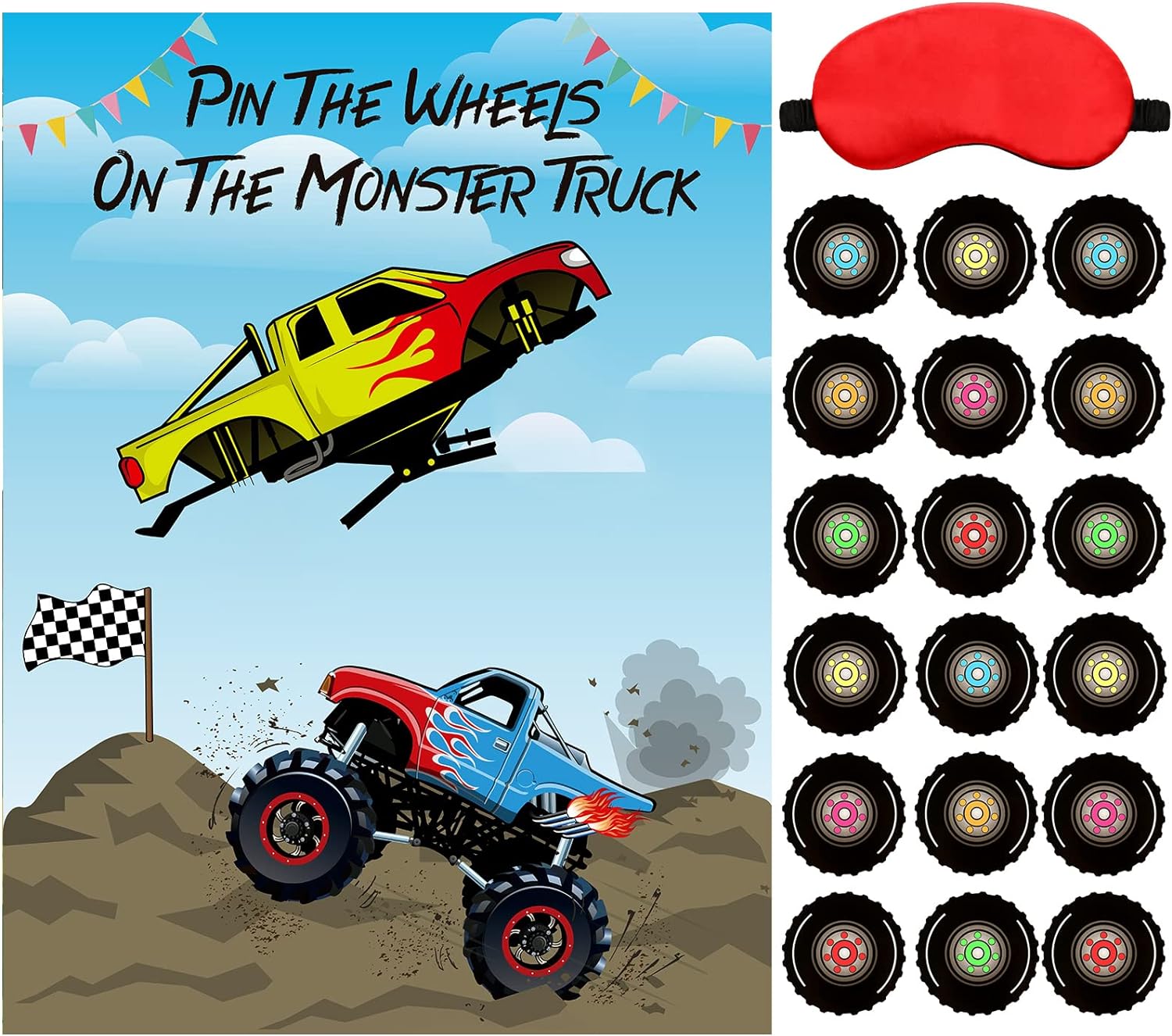 Chinco 38 Pieces Truck Party Games Pin The Wheels on The Truck, Truck Poster with Blindfolds and Stickers Pin The Tail Games for Truck Birthday Party Supplies