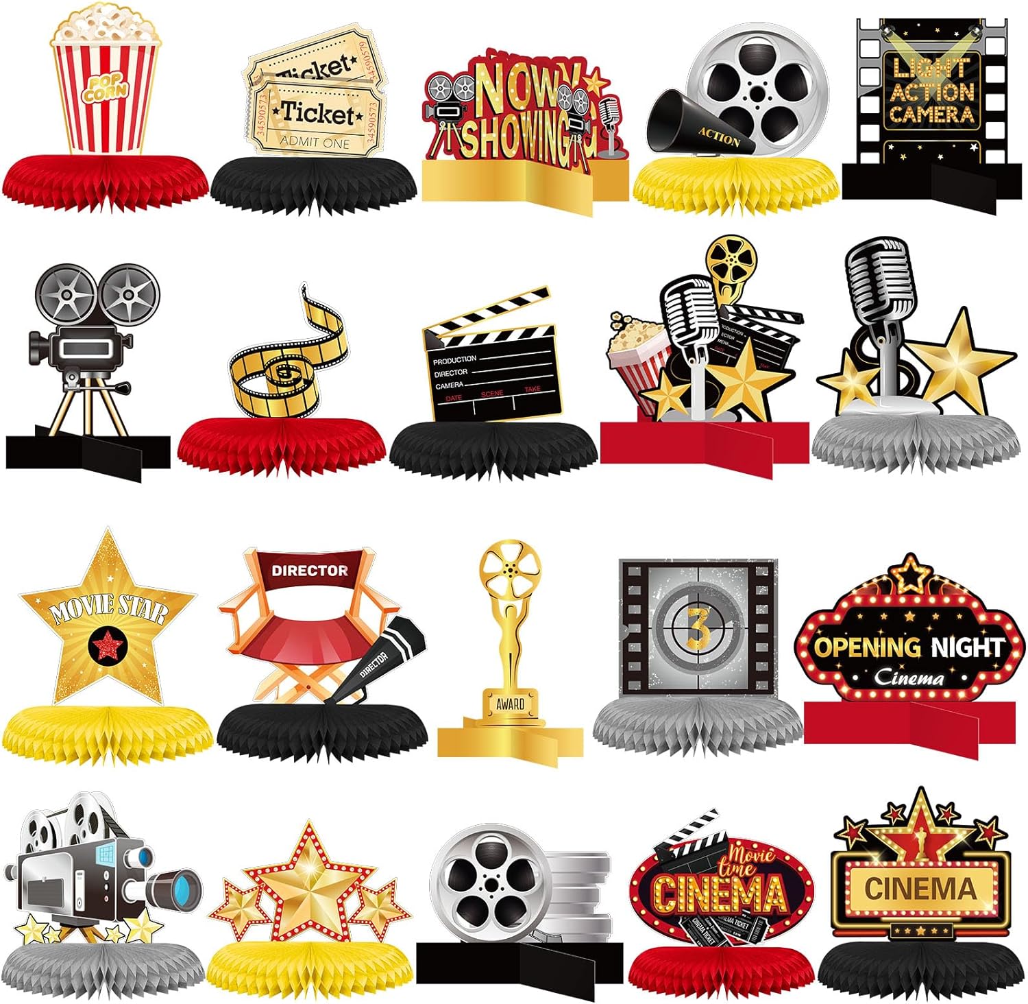 Chinco 20 Pcs Movie Honeycomb Centerpiece Ticket Popcorn Star Movie Night Party Decorations Movie Theme Party Supplies Microphone Projector Paper 3D Table Decoration for Theater Birthday Table Topper