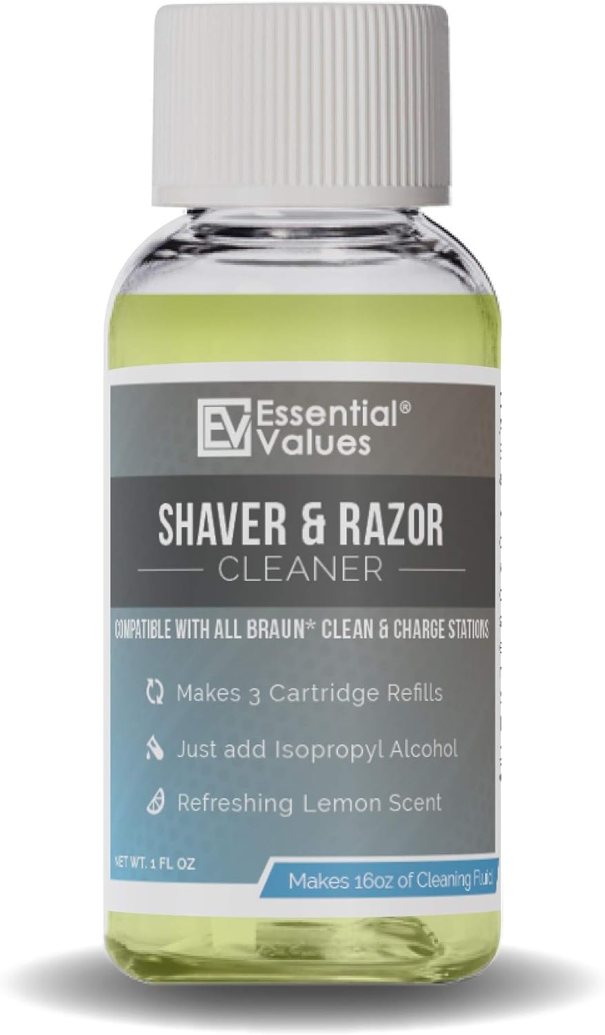 Essential Values 1 Fl OZ Shaver & Razor Cleaner (Concentrate), 1 Bottle MAKES 3 Refills / 16 FL OZ of Refillable Solution | Replacement for Braun Clean & Renew Cartridge Refills - Made in USA