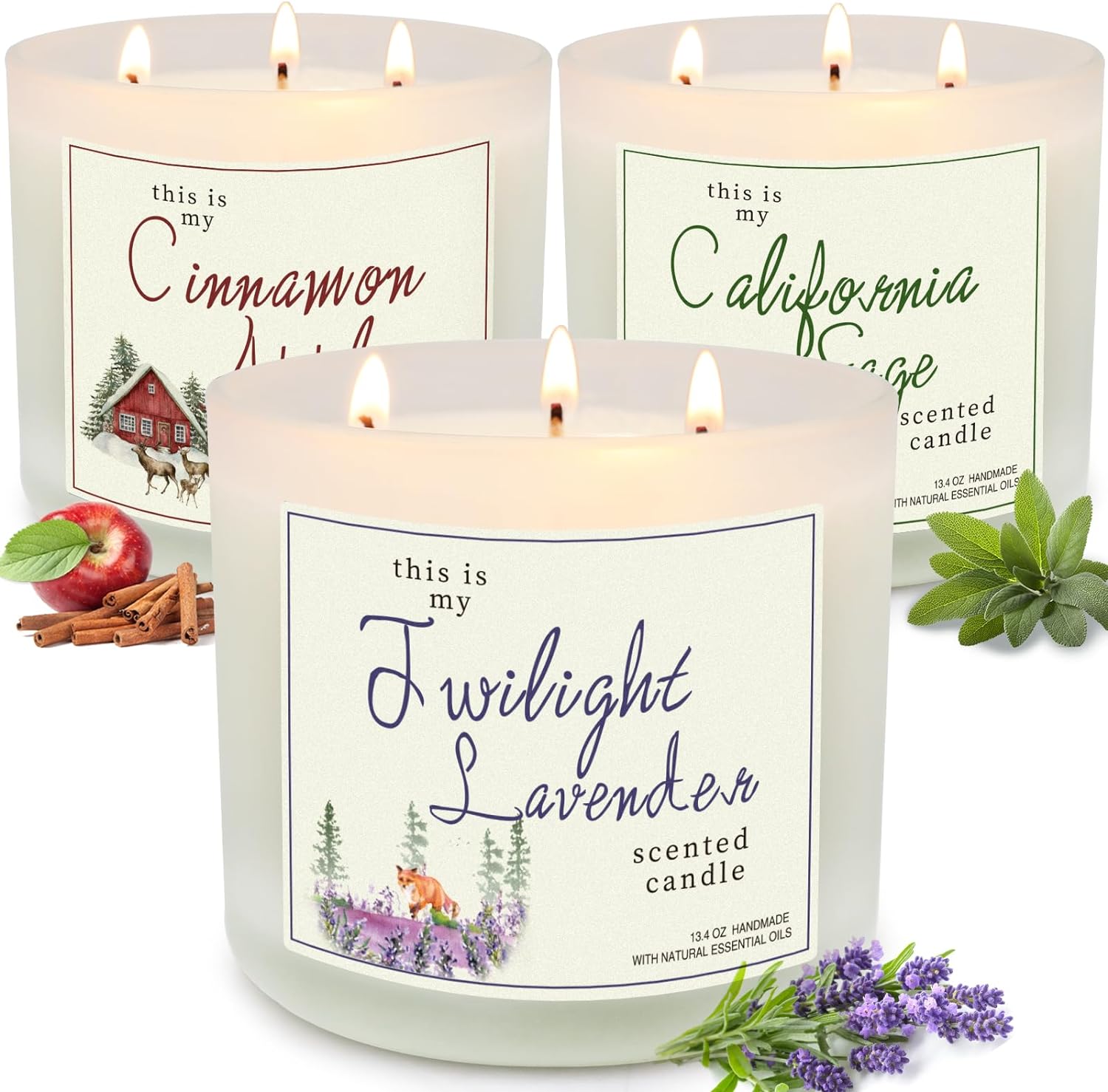 Candles for Home Scented, 3 Pack 3 Wick Large Jar Soy Candle, Bath and Body Works Candles40.2 oz 300 Hour Long Lasting Candles,Lavender & Sage & Apple Cinnamon Aromatherapy Candle Gift Set