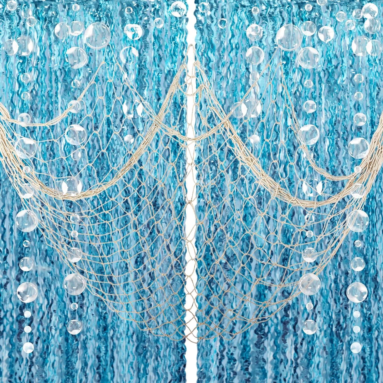 ZERODECO Party Decorations, Natural Fish Net with Fringe Curtain and Bubble Garlands for Nautical Decor Pirate Party Kids Birthday Under The Sea Party Mermaid Decor Room Wall Decor