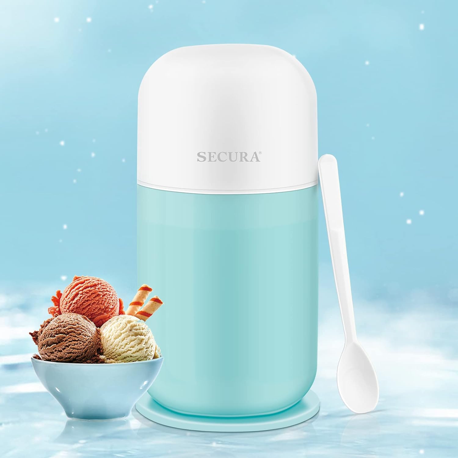 Secura Ice Cream Maker Mini Electric Ice Cream Machine for Quick Homemade Gelato, Sorbet, Frozen Yogurt with Mixing Spoon & Recipe Book, BPA-free, 0.4qt Aqua