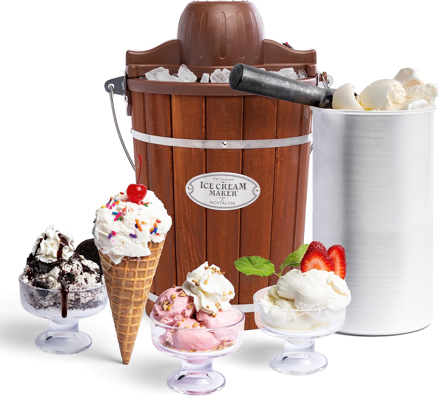 Nostalgia Electric Ice Cream Maker - Old Fashioned Soft Serve Ice Cream Machine Makes Frozen Yogurt or Gelato in Minutes - Fun Kitchen Appliance - Vintage Wooden Style - Dark Wood - 6 Quart