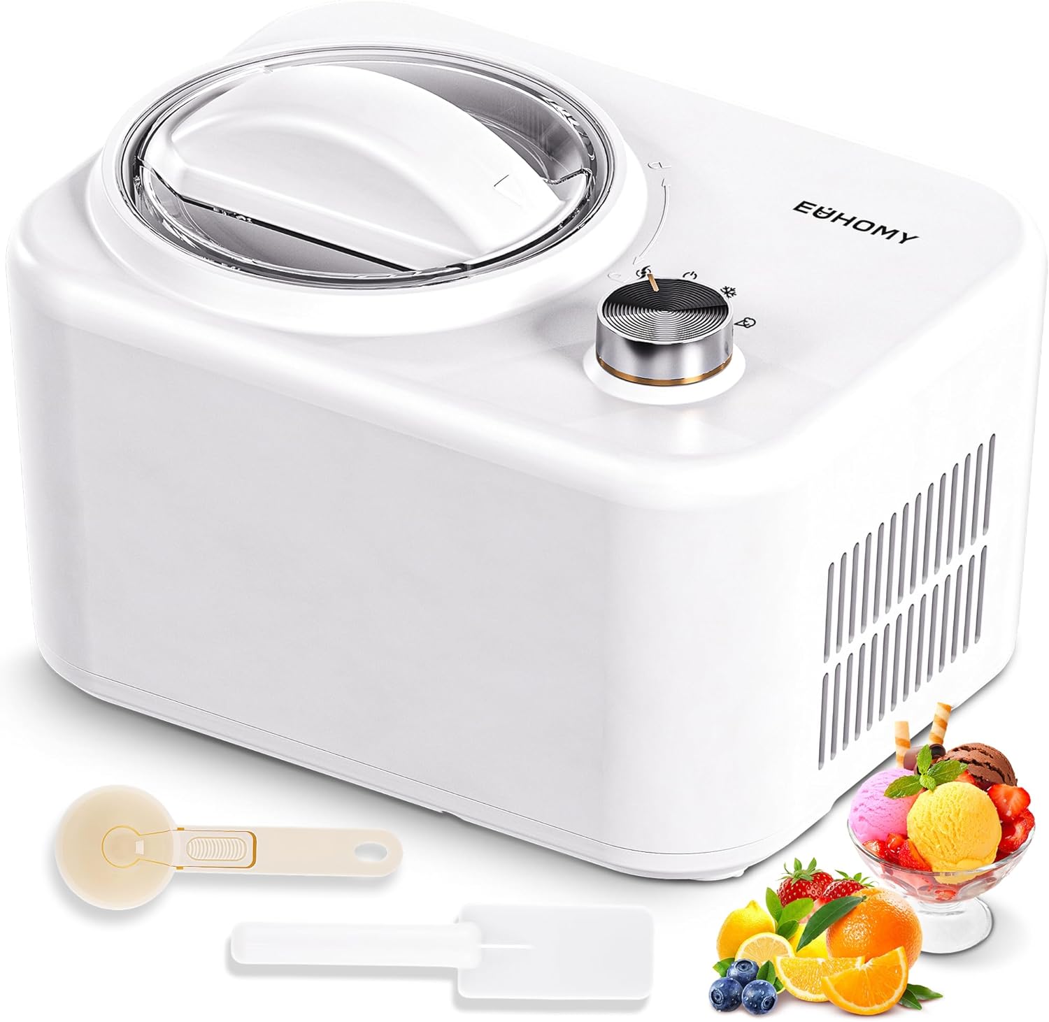 EUHOMY 1 Quart Auto Ice Cream Maker with Compressor, No Pre-freezing, 3 Modes Gelato Maker, Keep Cool Function, Easy-to-Clean, Frozen Yogurt Machine for Ice Cream/Frozen Yogurt/Gelato. (White)