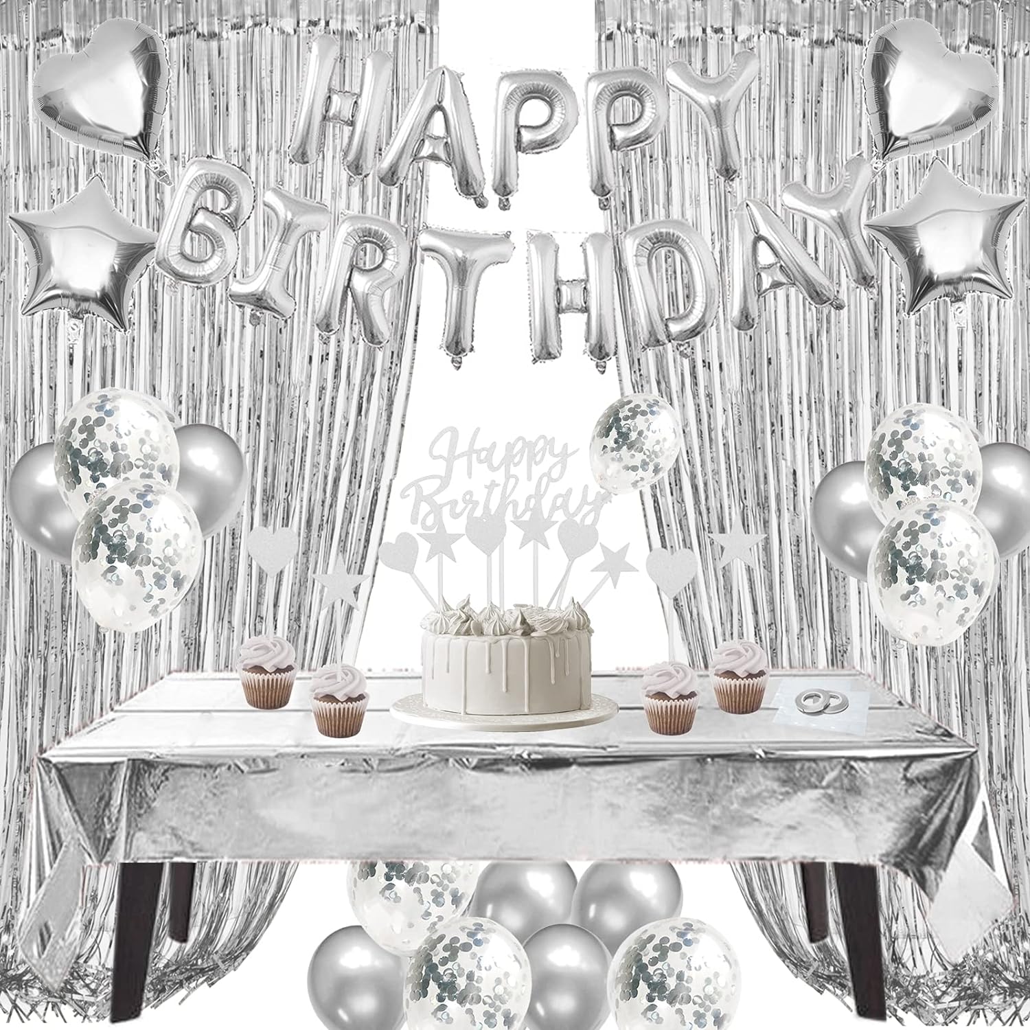 ZERODECO Birthday Decorations Silver, Foil Happy Birthday Balloon Banner Tablecloth Fringe Shiny Curtains Cake Flag Star and Heart Balloons Confetti Latex Balloons for Birthday Party