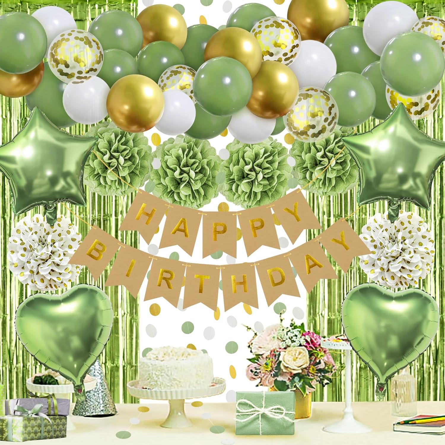 ZERODECO Sage Green Birthday Party Decorations, Olive Green Gold Pompoms Balloons Happy Birthday Banner Neutral Rustic Boho Blush Safari Botanical Greenery Dcor for Baby Girls Women Birthday Party