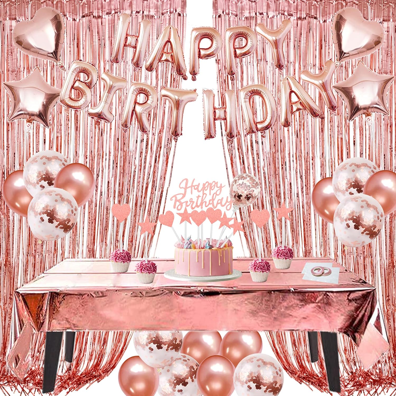 ZERODECO Birthday Decorations Rose Gold, Foil Happy Birthday Balloon Banner Tablecloth Fringe Shiny Curtains Cake Flag Star and Heart Balloons Confetti Latex Balloons for Birthday Party