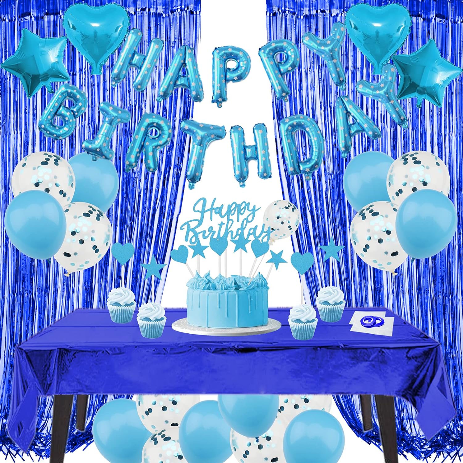 ZERODECO Birthday Decorations Blue, Foil Happy Birthday Balloon Banner Tablecloth Fringe Shiny Curtains Cake Flag Star and Heart Balloons Confetti Latex Balloons for Birthday Party