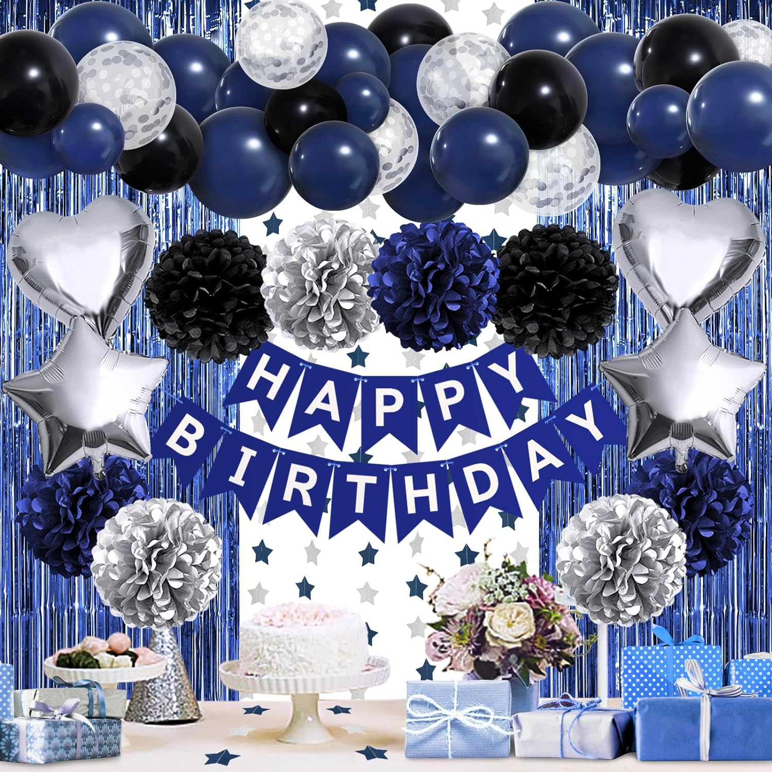 ZERODECO Birthday Party Decorations for Men, Black Navy Blue Silver Happy Birthday Banner Pompoms Balloon Arch Fringe Curtain Party Dcor for Men Boys Women Girls Birthday Party Decorations Kit