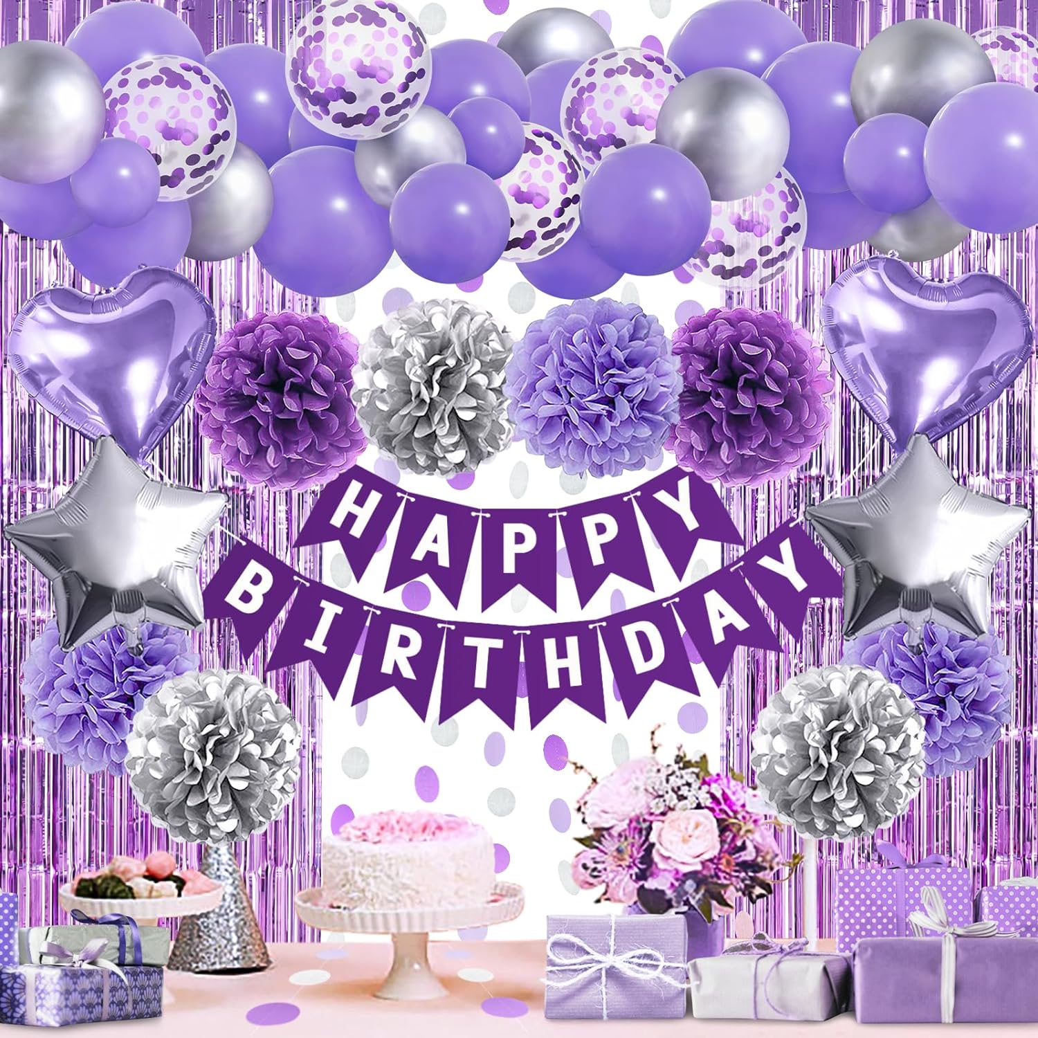 ZERODECO Purple Silver Birthday Party Decorations for Women Girls, Happy Birthday Banner Pompoms Balloon Arch Fringe Curtain Party Dcor for Baby Girls Women Purple Silver Birthday Party