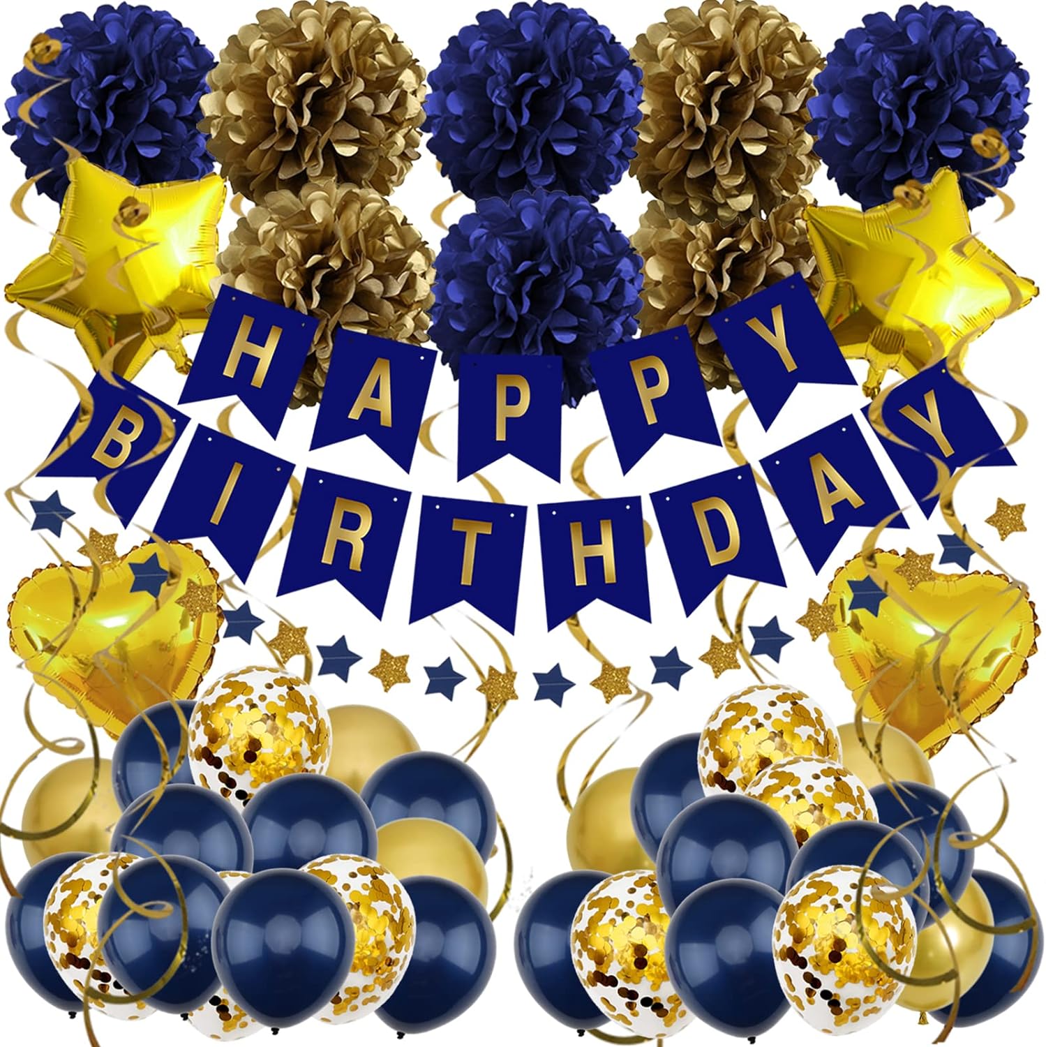 ZERODECO Birthday Decorations, Navy Blue Gold Birthday Party Decorations Happy Birthday Banner Pompoms Balloon for Boys Girls Men Women Birthday Party Decorations Supplies - Navy Blue Gold