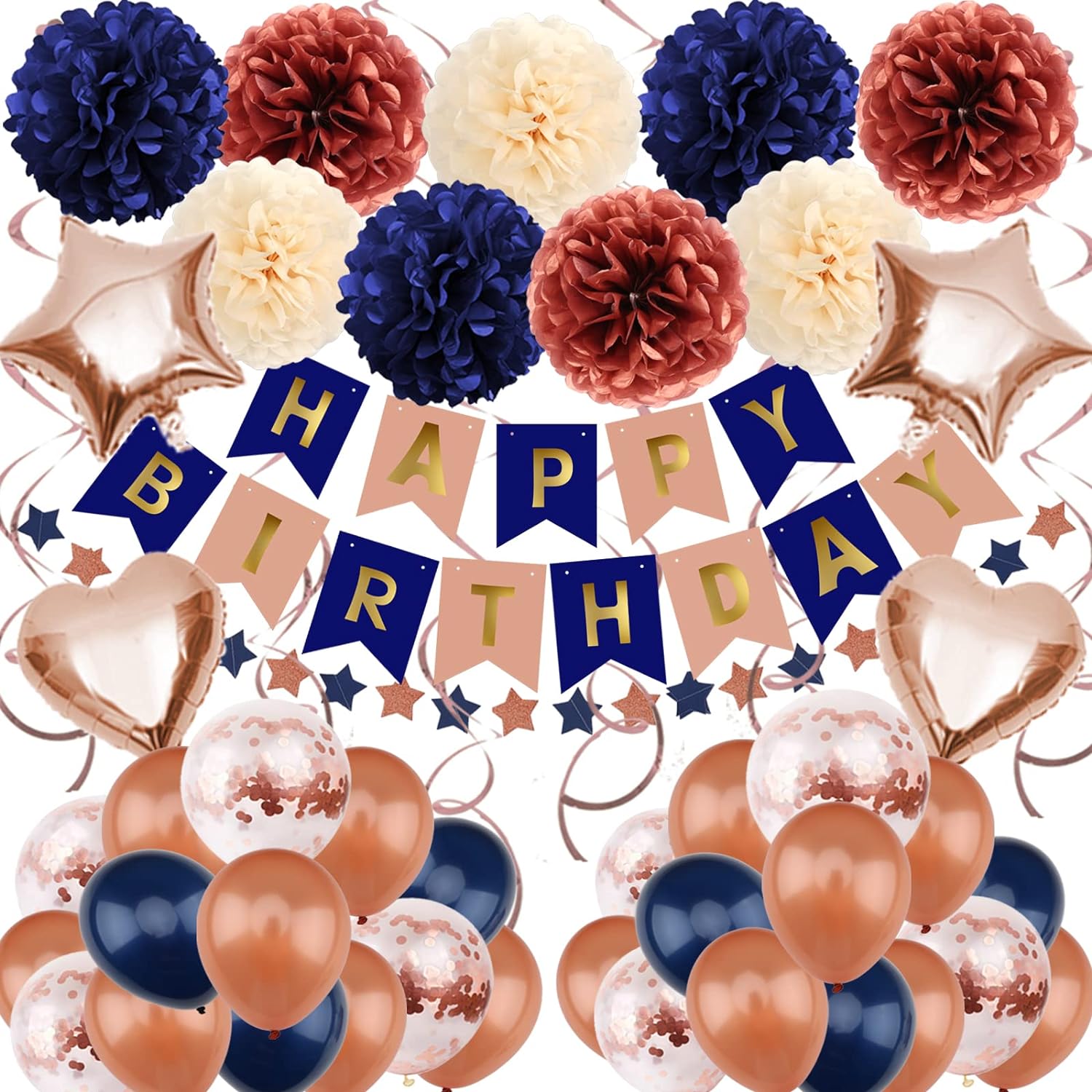 ZERODECO Birthday Decorations for Women, Navy Blue Rose Gold Birthday Party Decorations Happy Birthday Banner Paper Pompoms Balloon for Boys Girls Men Women Birthday Party Decorations Supplies