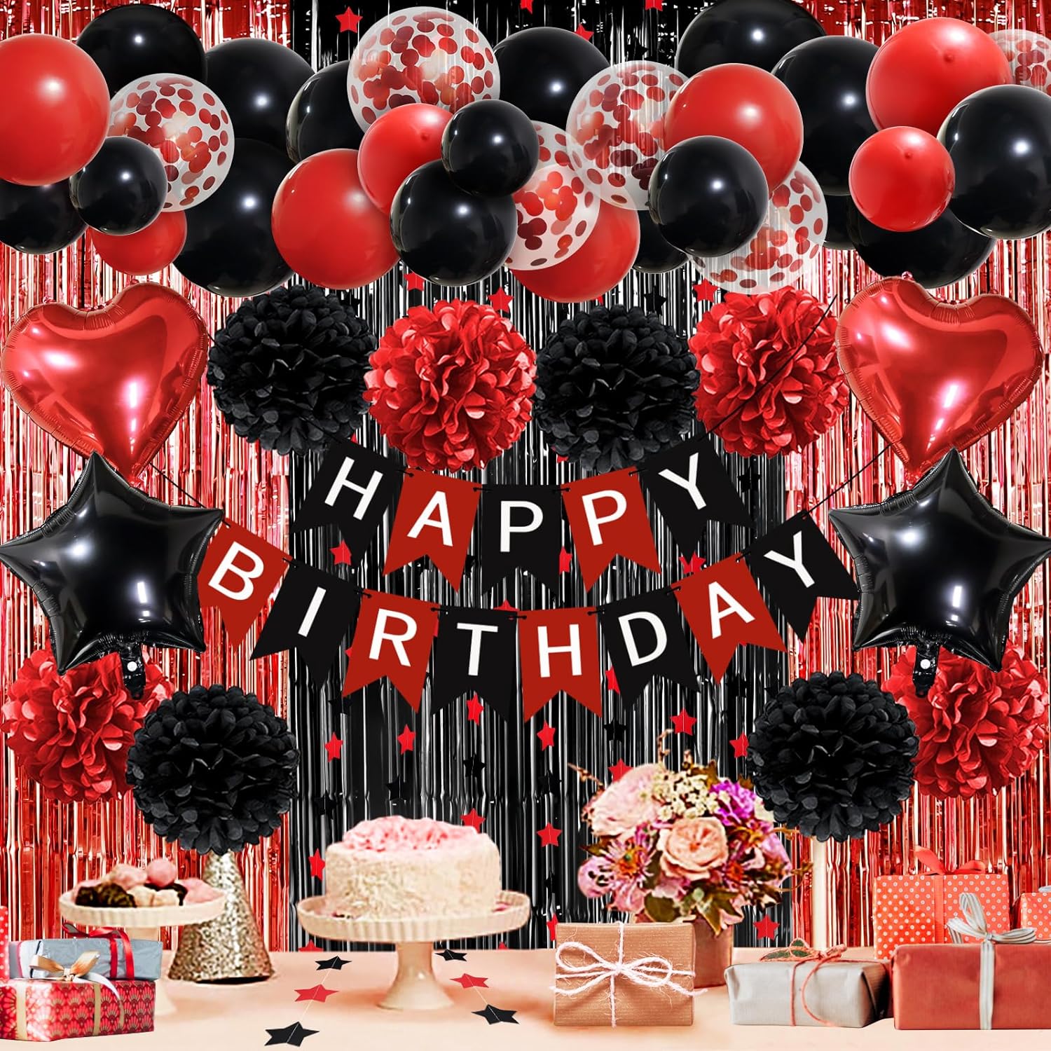 ZERODECO Red Black Birthday Party Decorations, Happy Birthday Banner Pompoms Red Black Balloon Arch Fringe Curtain Party Dcor for Baby Girls Women Black and Red Birthday Party