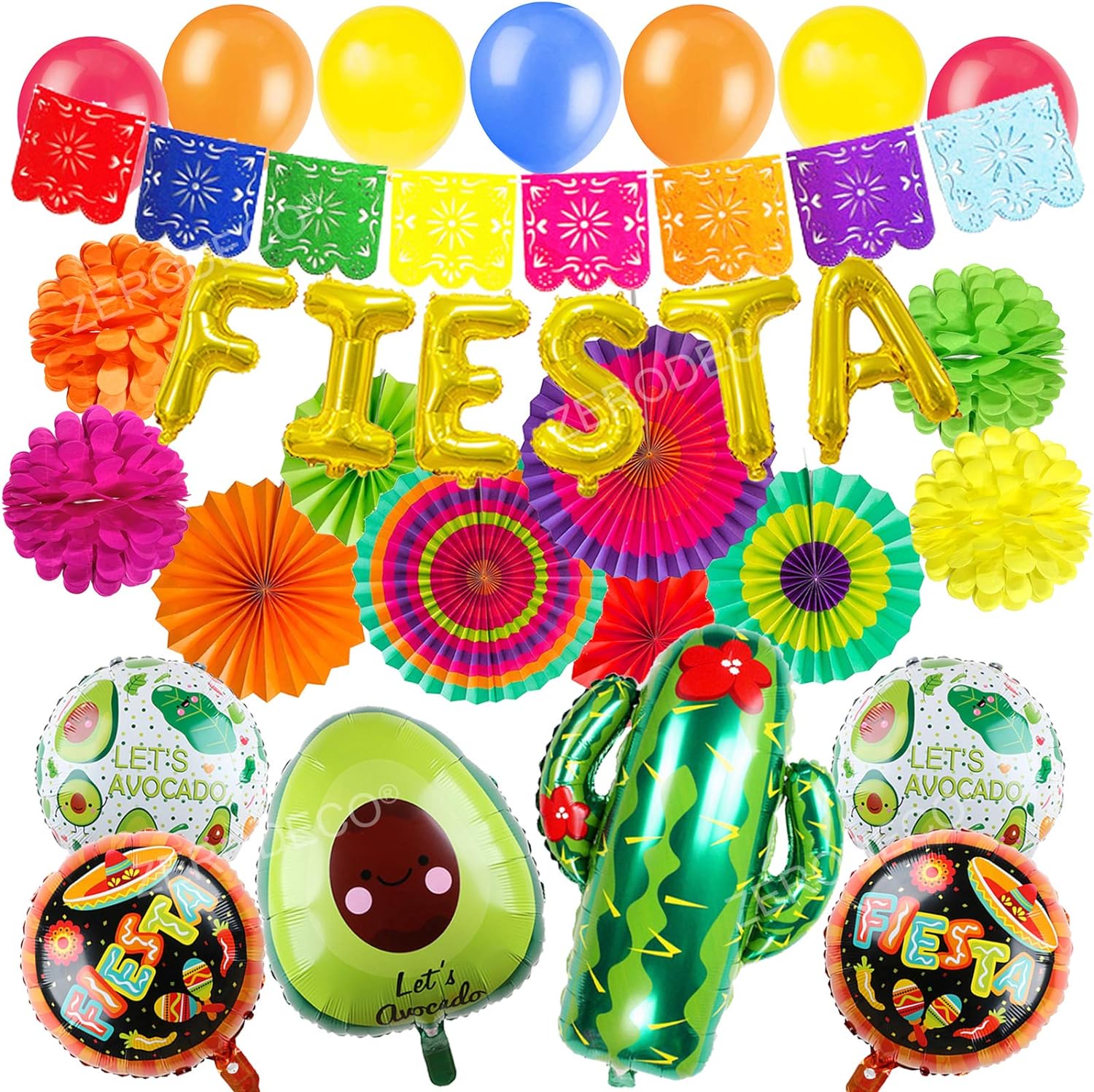 ZERODECO Fiesta Party Supplies, Multicolor Picado Banner Fiesta Cactus Avocado Foil Balloons Paper Fan Pompoms Bunting Banner for Fiesta Mexican Cinco De Mayo Frida Kahlo Party Decorations