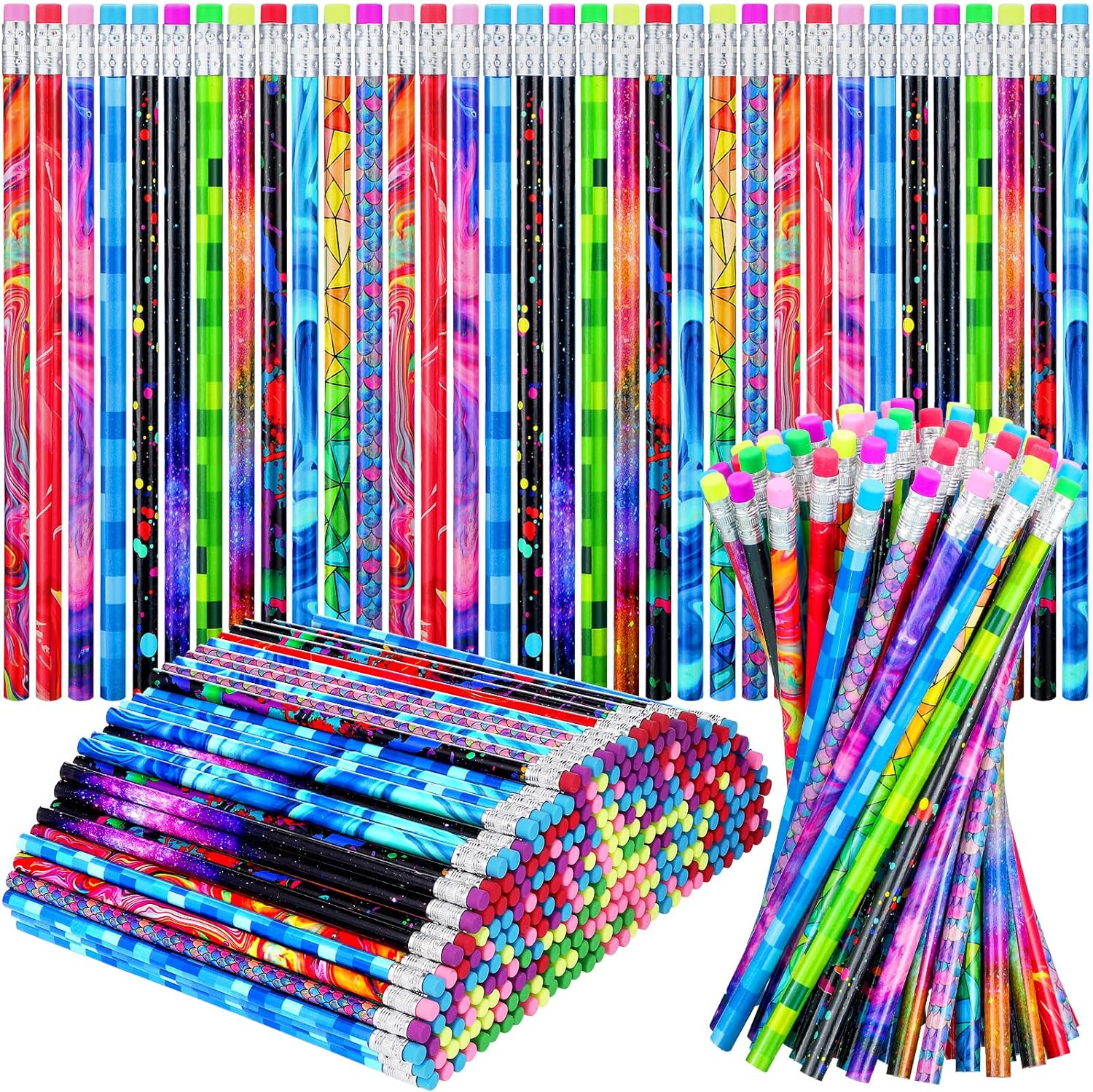 Chinco Wooden Pencil with Eraser Assortment Colorful Pencils for Kids, Office, Artists, College Students, Novelty School Supplies, 200 Pieces