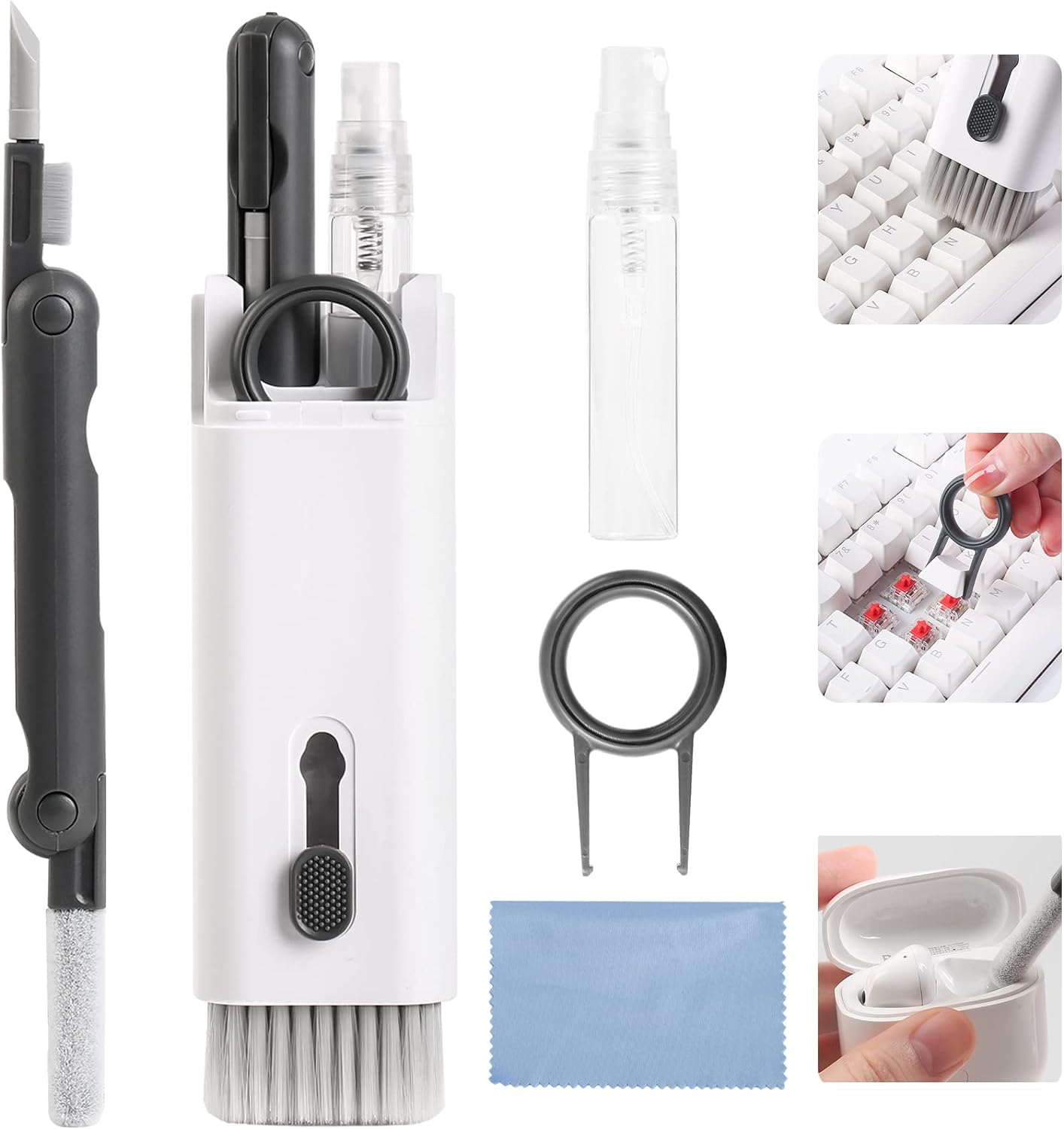 7 in 1 Electronic Cleaner kit, Cleaning Kit for monitor Keyboard Airpods MacBook iPad iPhone iPod, Screen Dust Brush Including Soft Sweep, Swipe, Airpod Cleaner Pen, Key Puller and Spray Bottle (Grey)