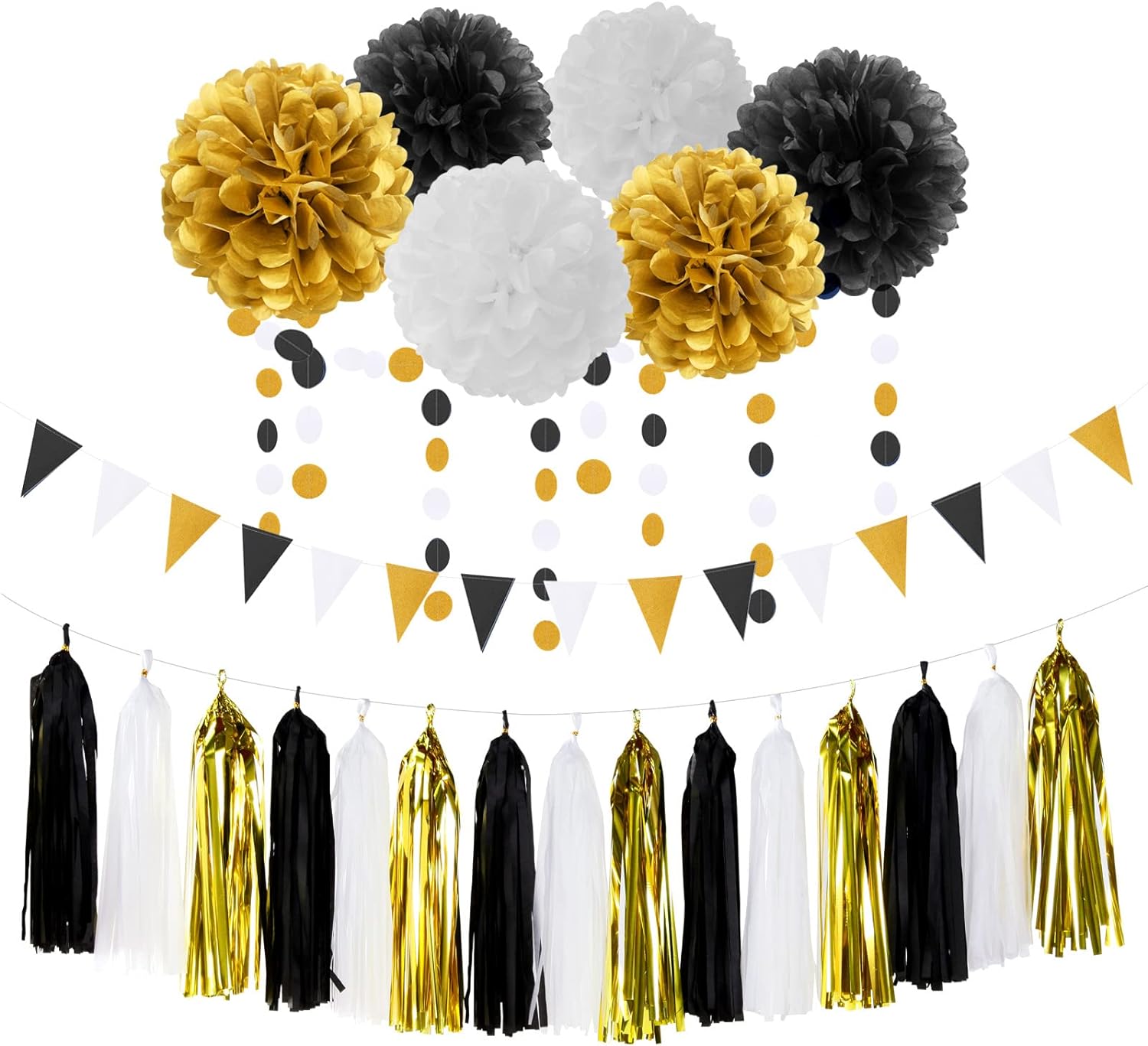 Black Gold Graduation Party Decorations - 23pcs Kits Farewell Tissue Pom Poms Flowers,Streamers Banner,Tassel Garland 50th Men Birthday Bachelorette Baby Shower Decoration Bunting Lasting Surprise