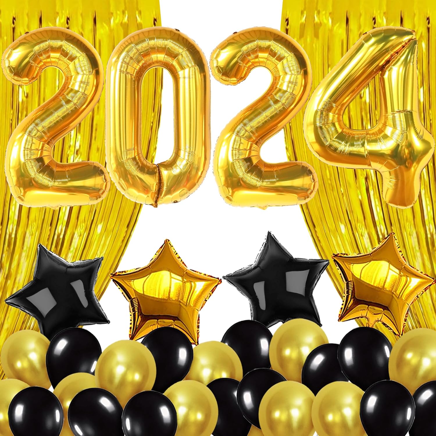 KatchOn, Black and Gold 2024 Balloon Numbers Set - Big, Pack of 23 | Giant 40 Inch, 2024 Gold Balloons | Star Balloons, Gold Fringe Curtain for Black and Gold Graduation Decorations Class of 2024