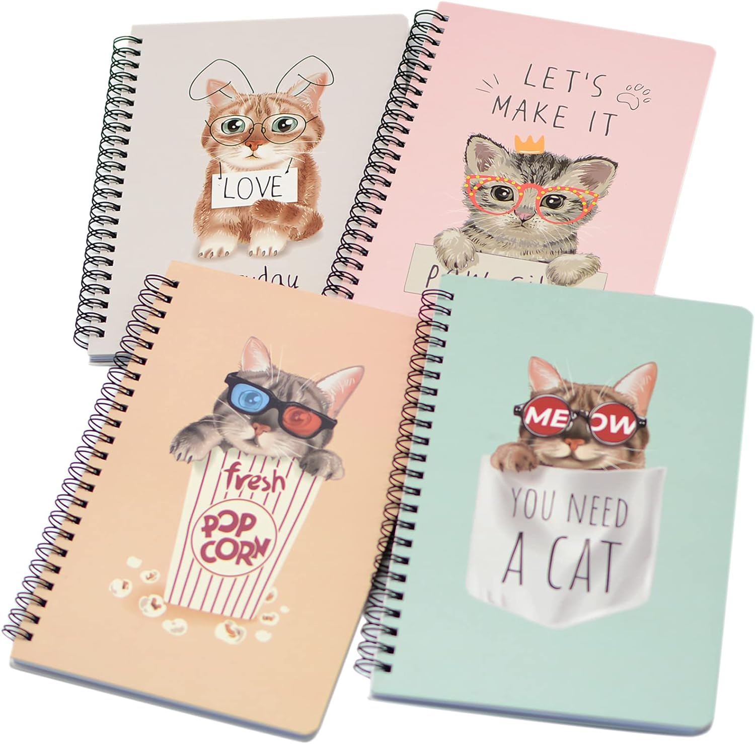 Yansanido Spiral Notebook, 4 Pcs A5 Thick Cat Design Hardcover 8mm Ruled 4 Color 80 Sheets -160 Pages Journals for Study and Notes (Cat)