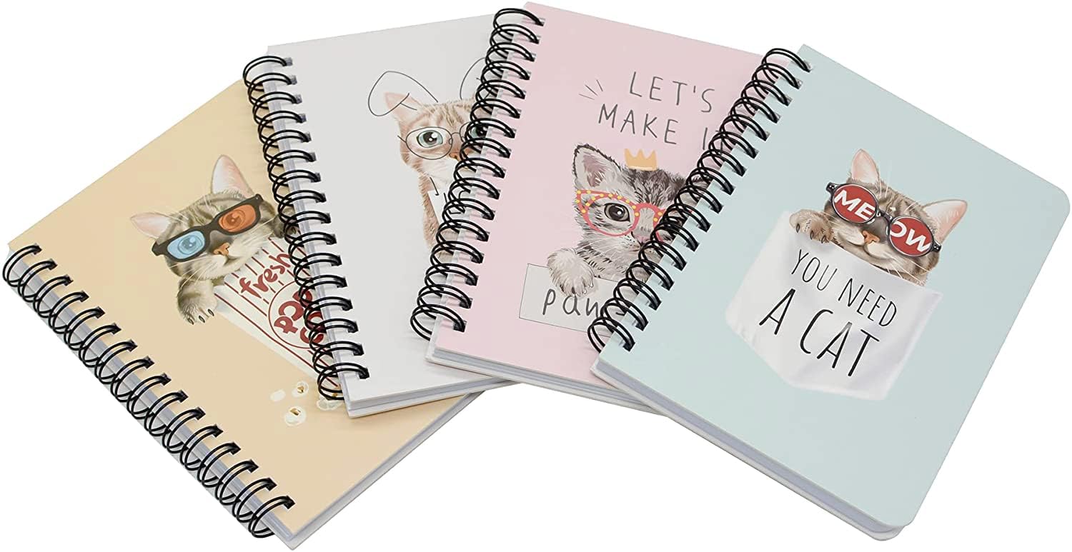 Yansanido Spiral Notebook, 4 Pcs A6 Cat Design Thick Hardcover 8mm Ruled 4 Color 80 Sheets -160 Pages Journals for Study and Notes (4 Pcs Cat, A6)