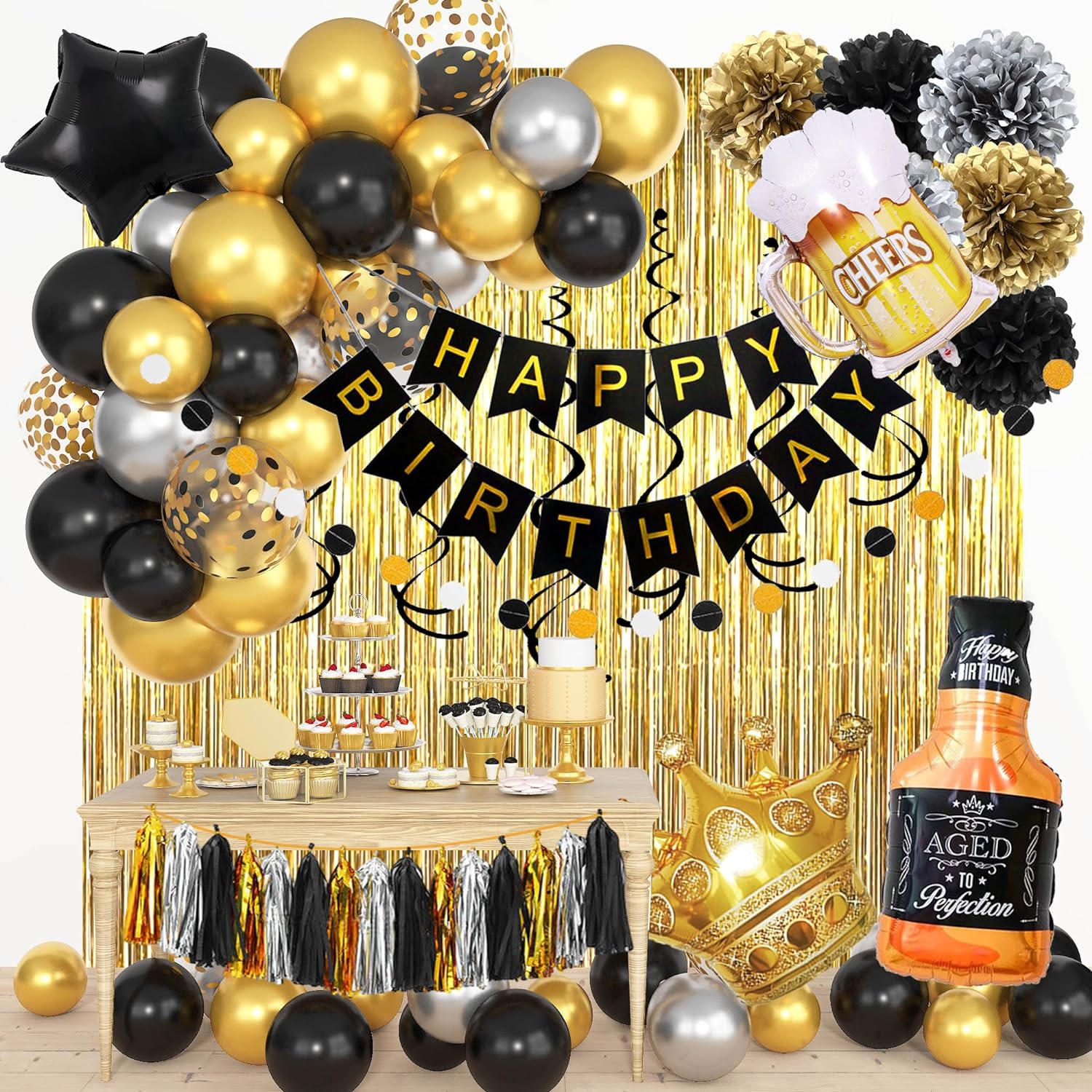 Black and Gold Birthday Party Decorations Kit for Men Women, Cheers Beer Confetti Black Gold Balloon Happy Birthday Banner Fringe Curtains Swirl Circle Dots Tassels Pom Supplies 30th 40th 50th Him