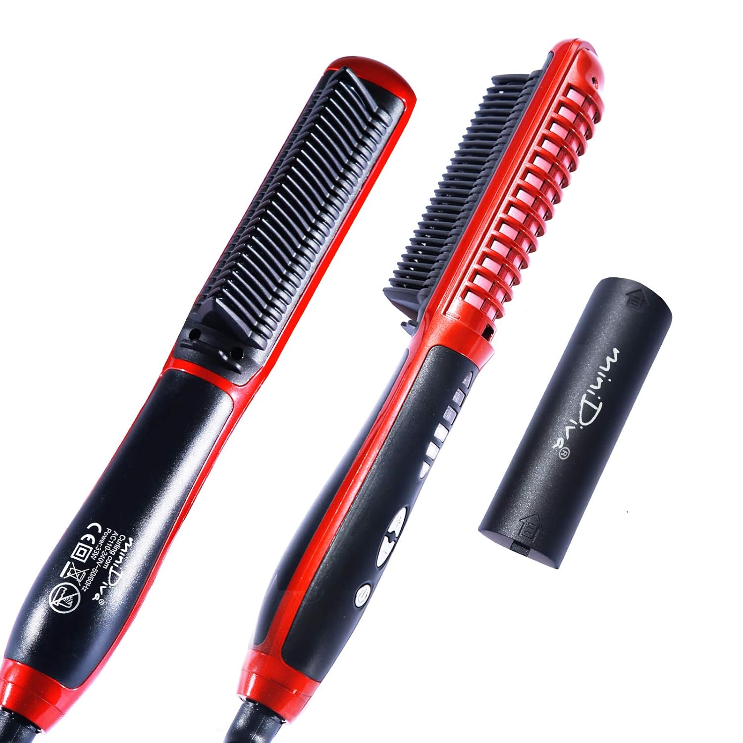 Minidiva 2-in-1 Hair Curler and Straightener with Anti-Scald, 30s Fast Ceramic Heating, 6 Heat Levels, Auto Off, 360 Swivel Cord Portable Hot Hair Straightener Brush for Home, Travel (Red)