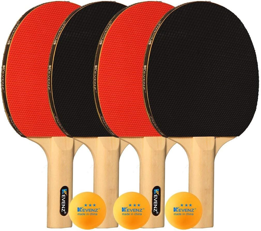 KEVENZ Ping Pong Paddle, Professional Table Tennis Racket, Patented Ping Pong Paddles with Long Handle, Family Ping Pong Racket Pack of 4