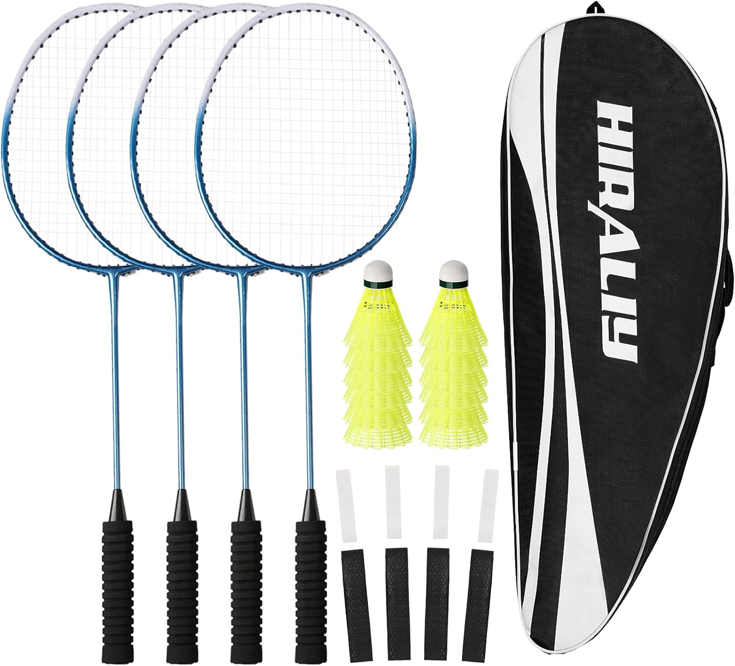 HIRALIY Badminton Rackets Set of 4 for Outdoor Backyard Games, Including 4 Rackets, 12 Nylon Shuttlecocks, 4 Replacement Grip Tapes and 1 Carrying Bag