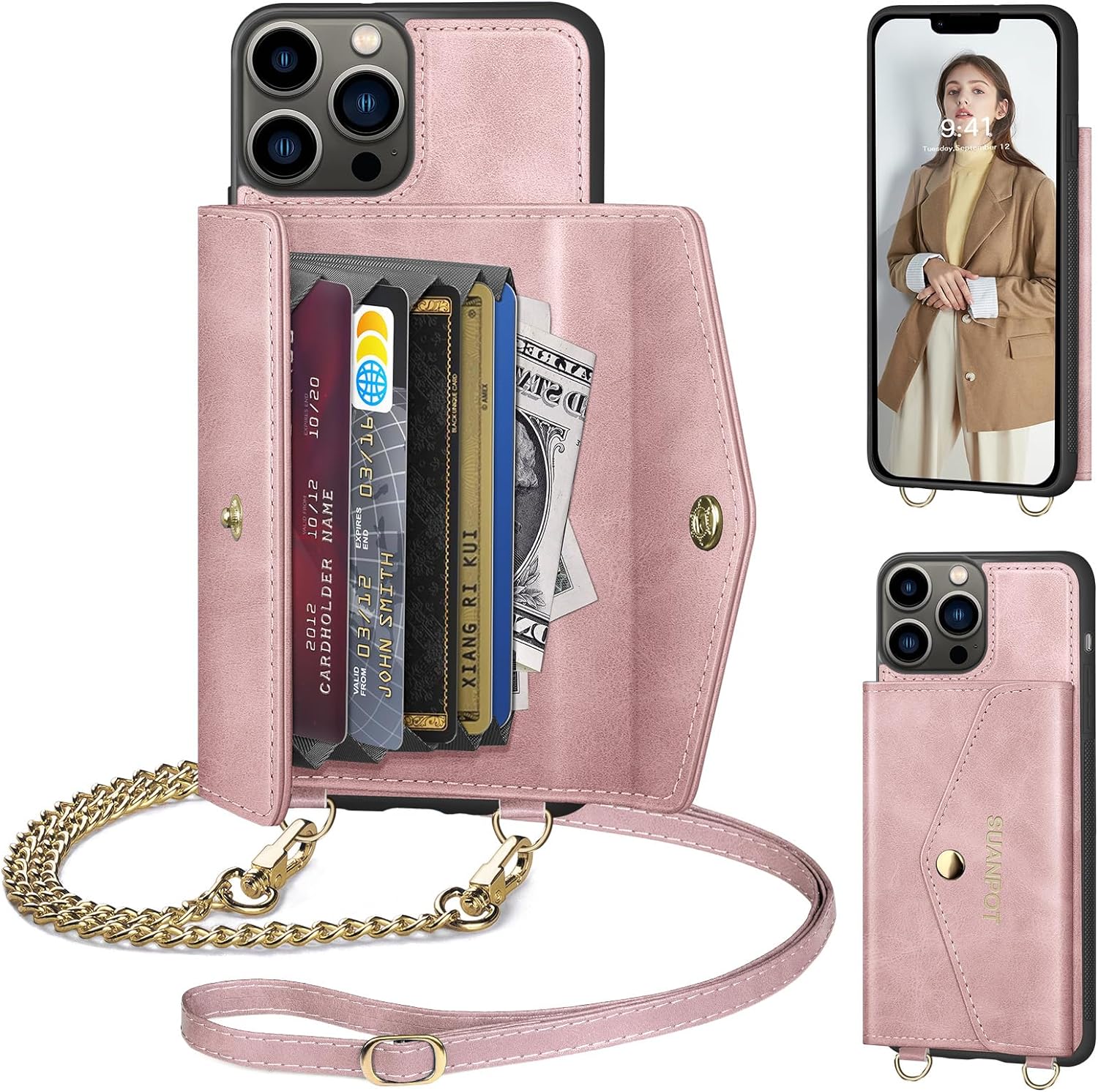 SUANPOT for iPhone 13 Pro Max 6.7' Wallet case with Strap RFID Blocking Credit Card Holder, Flip Folio Book PU Leather Phone case Shockproof Cover Women Men for Apple 13 Promax 5G case Rose Gold