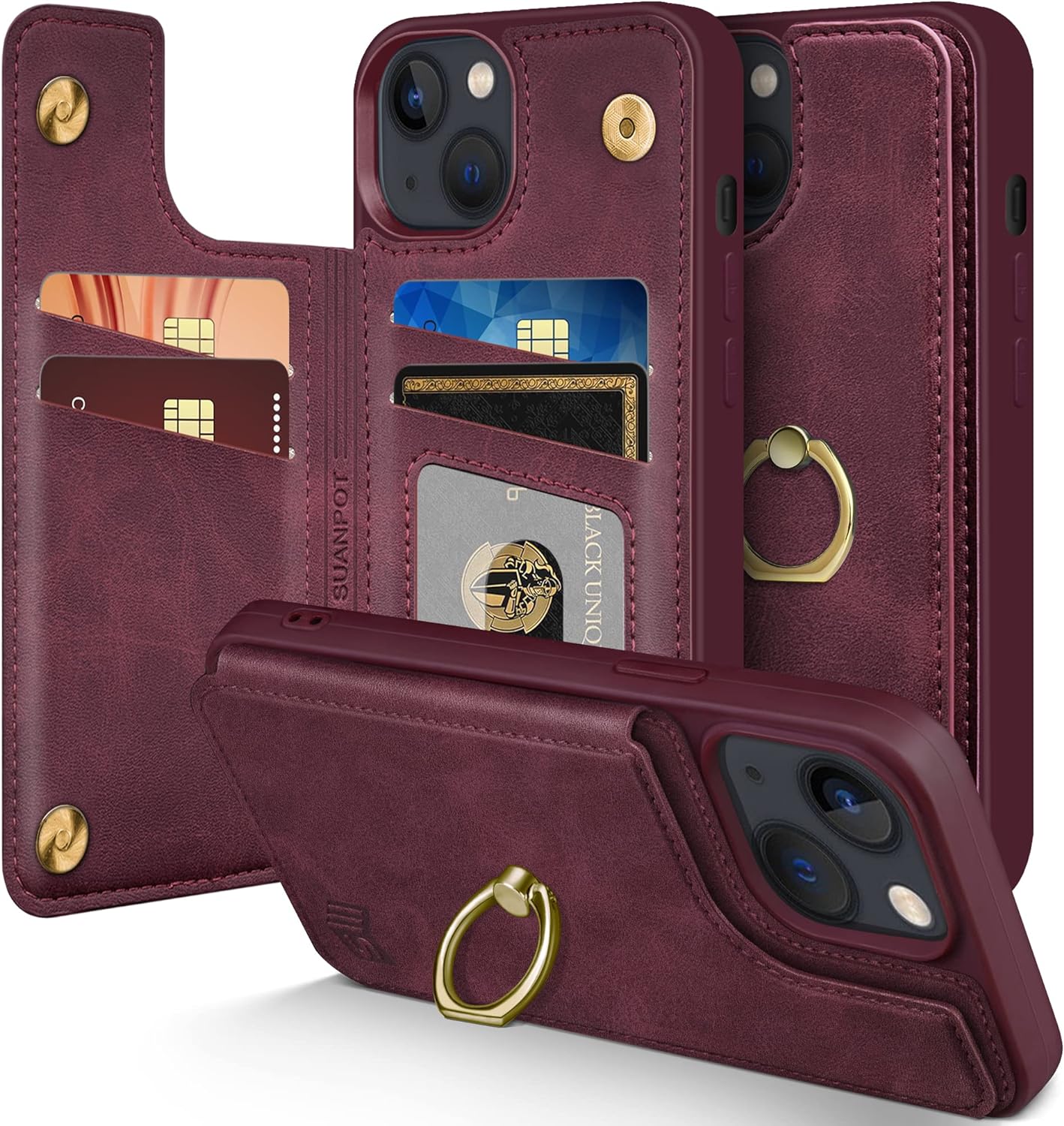 SUANPOT for iPhone 14 6.1 Wallet case with [360Rotation Ring Kickstand]RFID Blocking Credit Card Holder, PU Leather Protective Cover Women Men for Apple 14 Phone case Wine Red