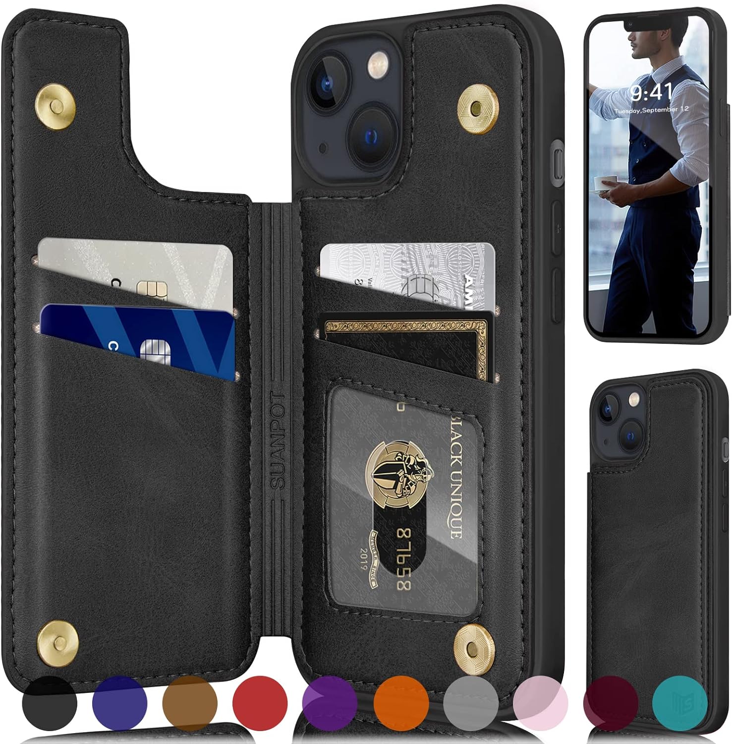 SUANPOT for iPhone 14 6.1 Wallet case with RFID Blocking Credit Card Holder,Flip Book PU Leather Phone case Protective Cover Cellphone Women Men for Apple 14 case Wallet case Black