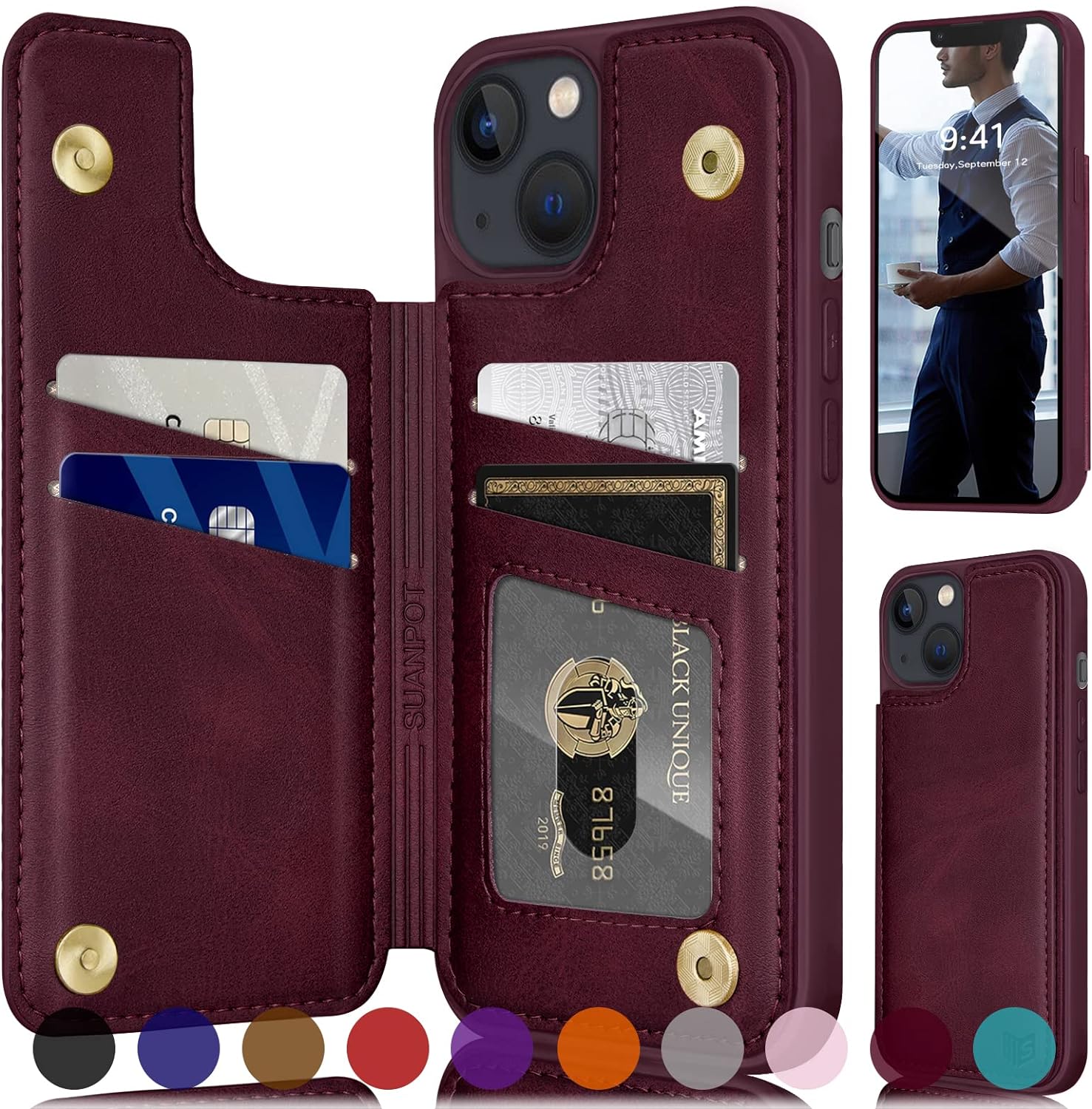 SUANPOT for iPhone 14 6.1 Wallet case with RFID Blocking Credit Card Holder,Flip Book PU Leather Phone case Protective Cover Cellphone Women Men for Apple 14 case Wallet Wine Red