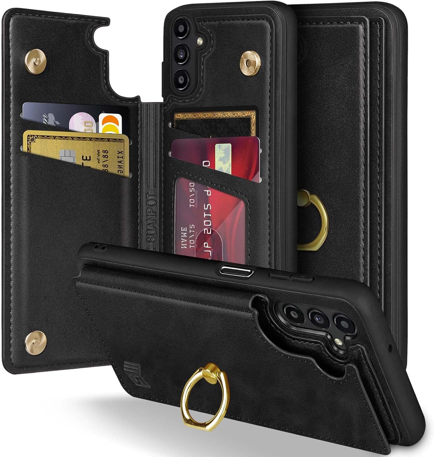 SUANPOT for Samsung Galaxy A13 5G Wallet case with [360Rotation Ring Kickstand]RFID Blocking Credit Card Holder, PU Leather Protective Cover Women Men forSamsung A13 Phone case Black