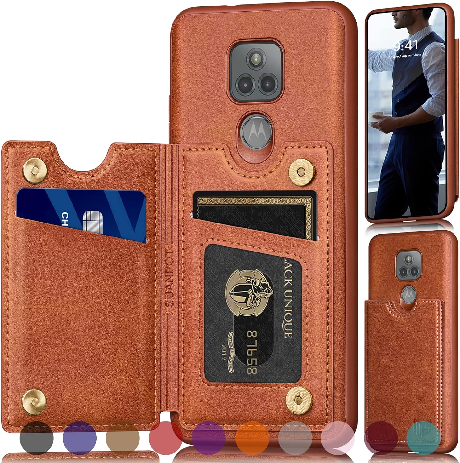 SUANPOTRFID Blocking for Moto G Play 2021 Wallet case with Credit Card Holder,Flip Book PU Leather Phone case Cover Cellphone Women Men for Moto G Play 2021 case (Light Brown)