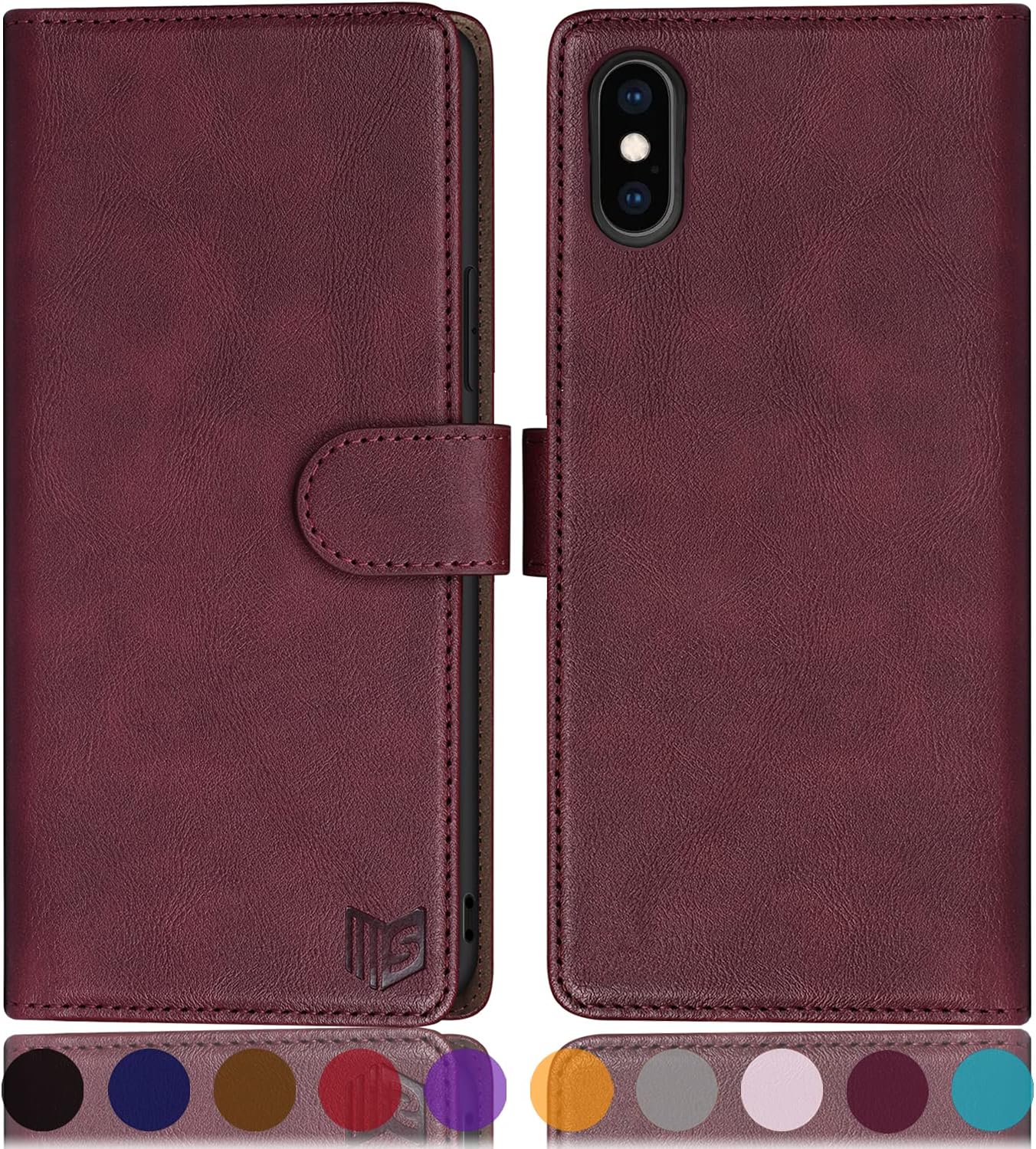 SUANPOT for iPhone Xs Max 6.5(Non XS 5.8) with RFID Blocking Leather Wallet case Credit Card Holder,Flip Folio Book Phone case Shockproof Cover for Women Men for Apple XS Max/XSMAX Wallet Wine Red