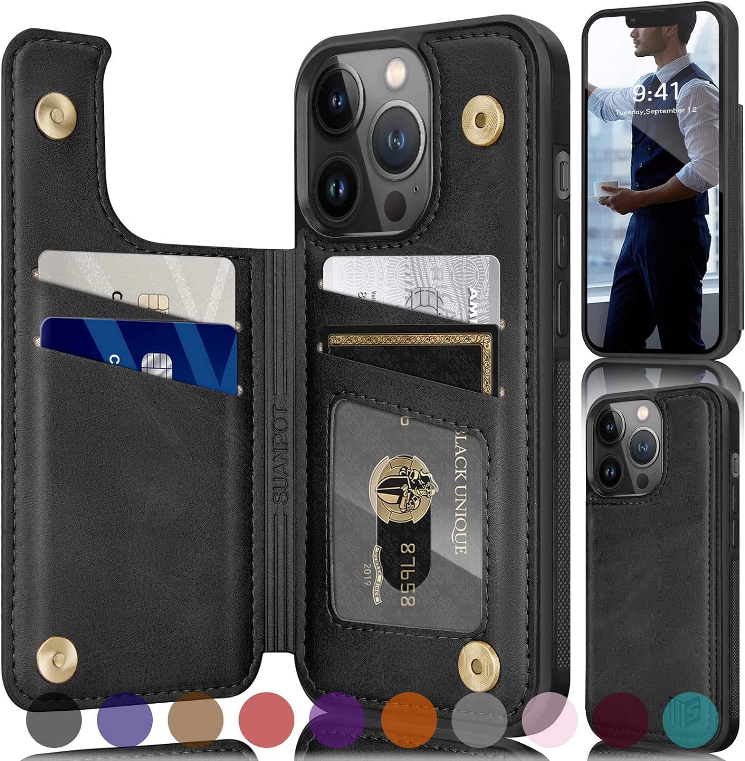 SUANPOT for iPhone 13 Pro Max Wallet case 6.7 5G with RFID Blocking Credit Card Holder,Flip Book PU Leather Phone case Shockproof Cover Cellphone Women Men for Apple 13 Promax case Wallet Black