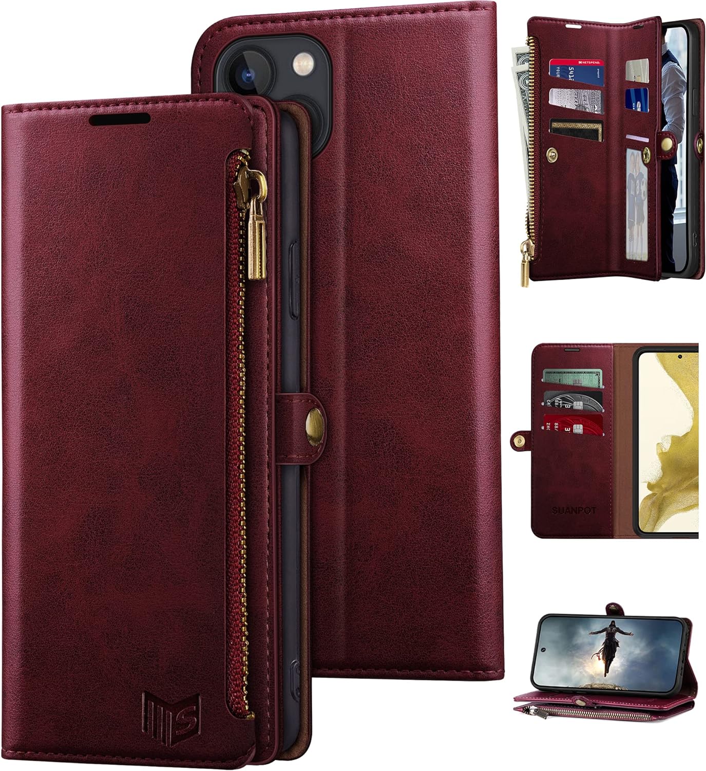 SUANPOT for iPhone 14 6.1 inch Wallet case RFID Blocking9 Card SlotPocket,Credit Card Holder Flip Folio Book Zipper PU Leather Protective Cover Women Men for Apple 14 Phone case Wine Red