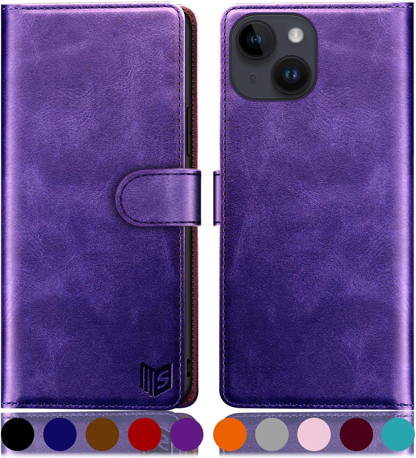 SUANPOT Design for iPhone 15 6.1 Kickstand Protective Wallet case with RFID Credit Card Holder,Flip Folio Book PU Leather Shockproof Cover Women Men for Apple 15 Phone case Purple