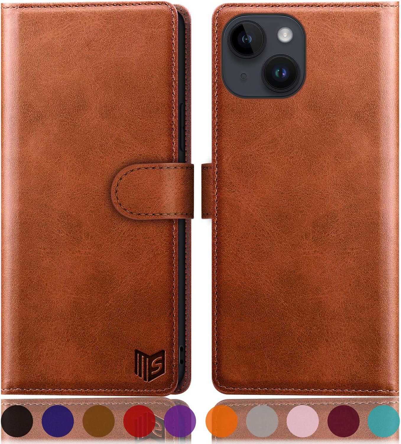 SUANPOT Design for iPhone 15 Plus 6.7 Kickstand Protective Wallet case with RFID Credit Card Holder,Flip Folio Book PU Leather Shockproof Cover Women Men for Apple 15Plus Phone case Light Brown