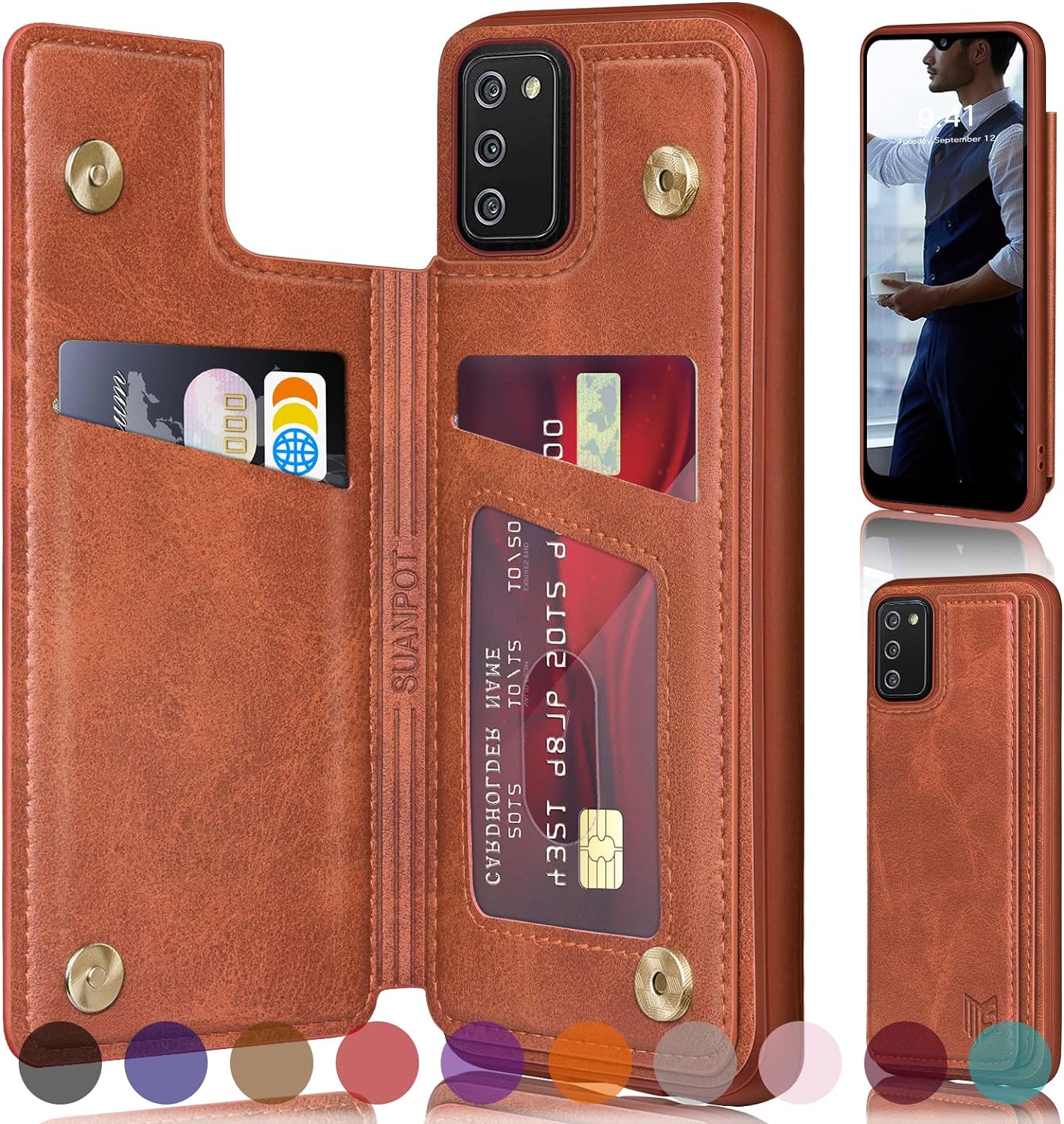 SUANPOTRFID Blocking for Samsung Galaxy A02S Wallet case with Credit Card Holder,Flip Book PU Leather Phone case Cover Cellphone Women Men for Samsung A02S case Light Brown