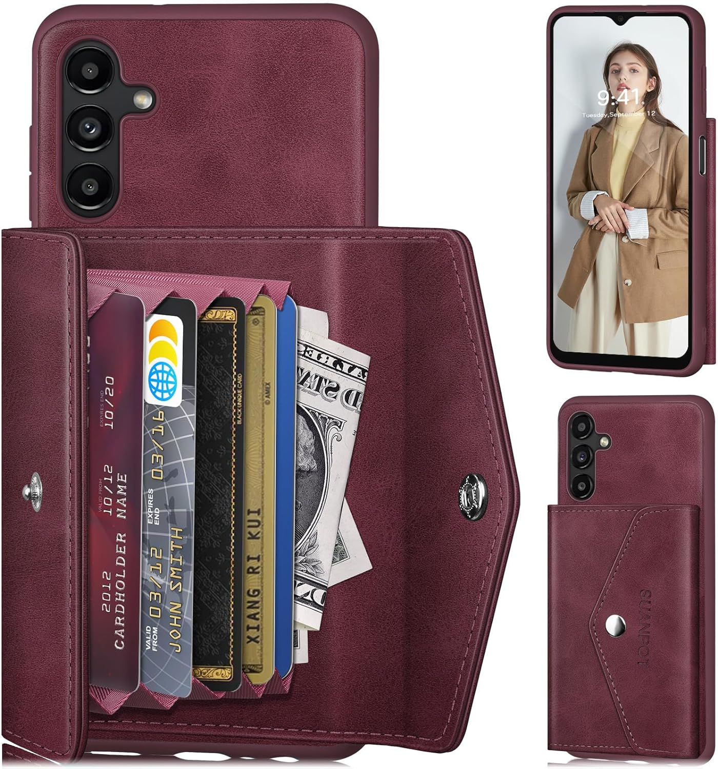 SUANPOT for Samsung Galaxy A13 5G Wallet case with RFID Blocking Credit Card Holder, Flip Folio Book PU Leather Phone case Shockproof Cover Women Men for Galaxy A13 5G case Wine Red