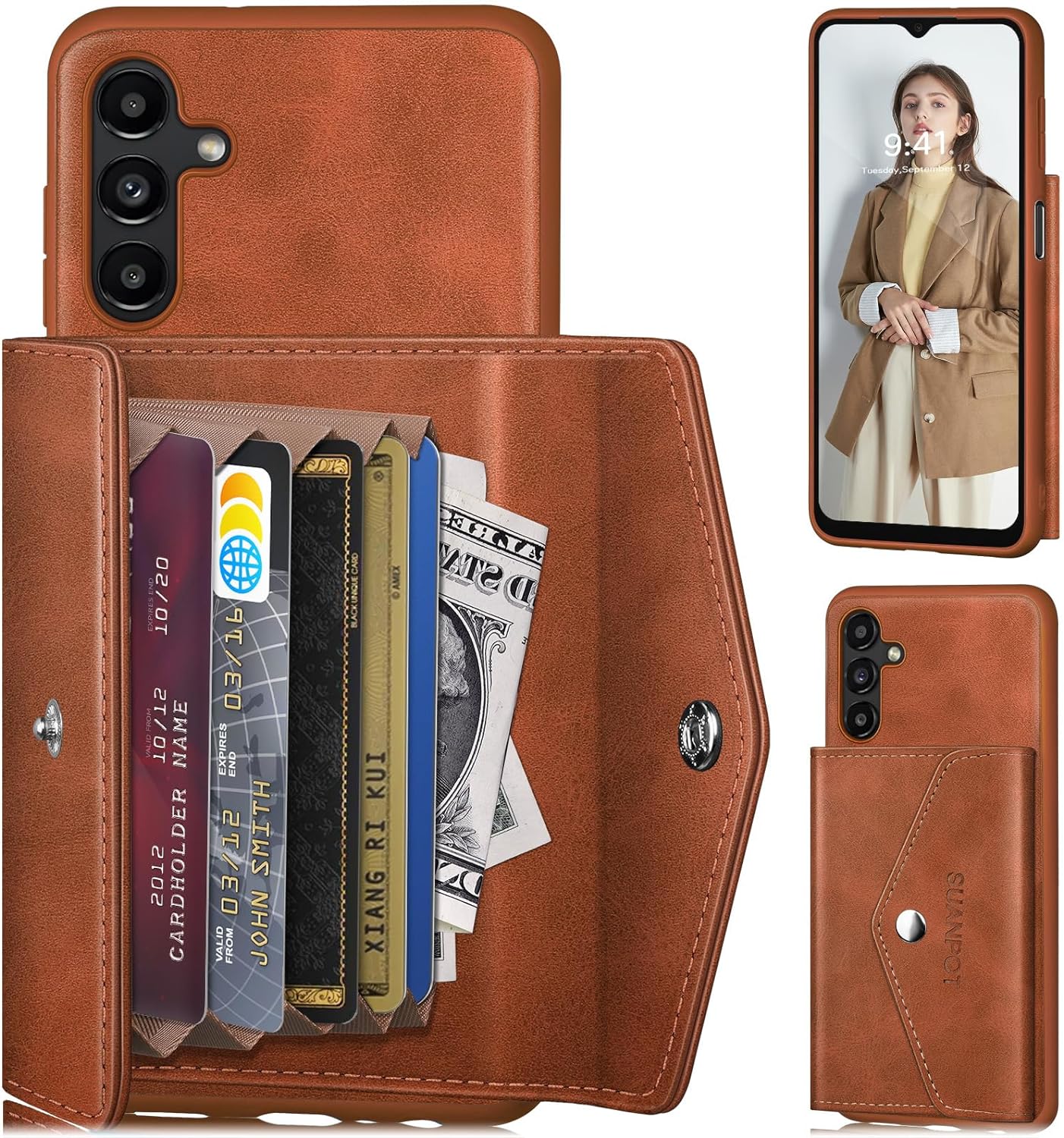 SUANPOT for Samsung Galaxy A13 5G Wallet case with RFID Blocking Credit Card Holder, Flip Folio Book PU Leather Phone case Shockproof Cover Women Men for Galaxy A13 5G case Light Brown