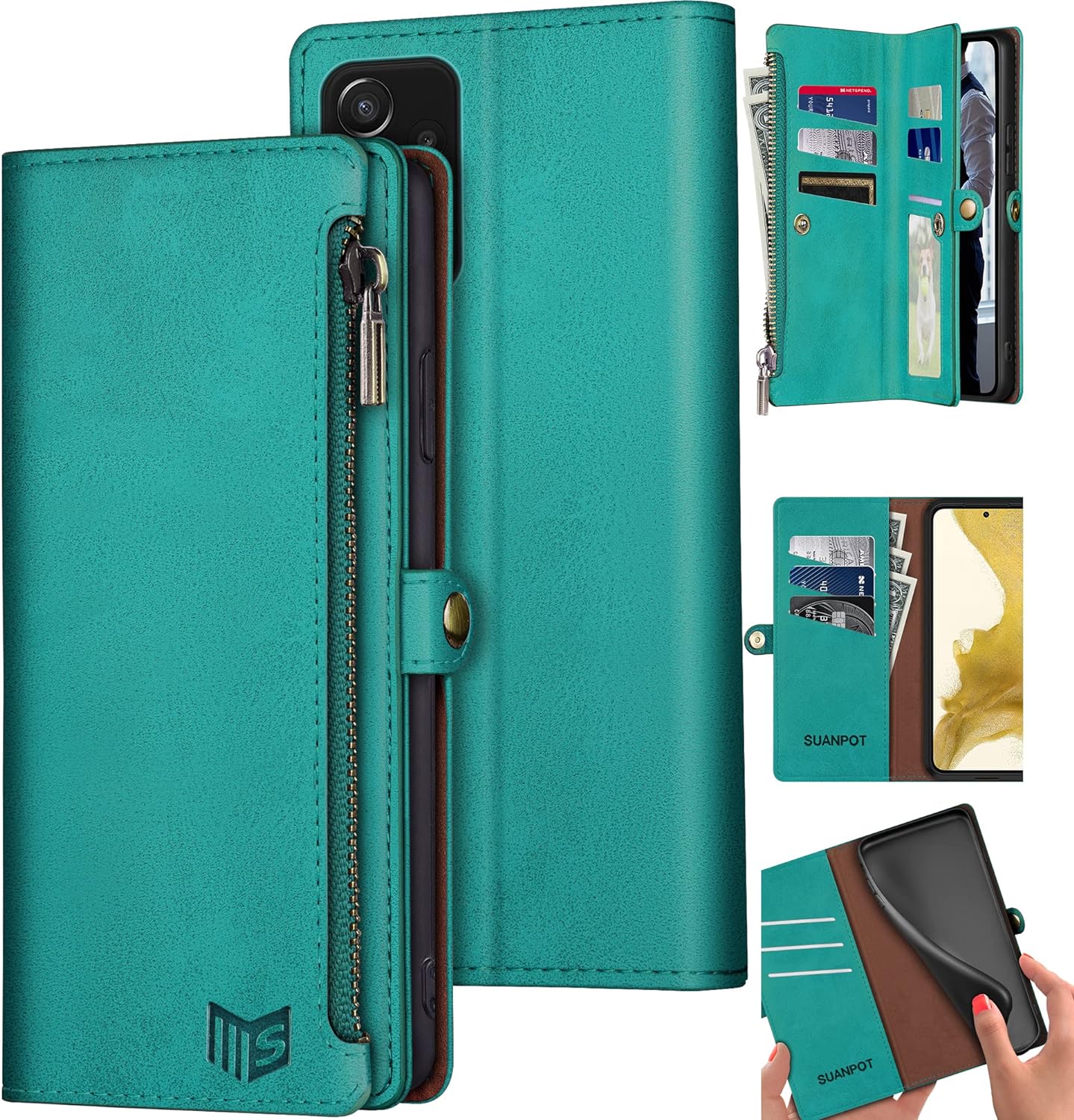 SUANPOT for Samsung Galaxy A52/A52S Wallet case RFID Blocking9 Card SlotPocket,Credit Card Holder Flip Folio Book Zipper PU Leather Shockproof Cover Women Men for A52 Phone case (Blue Green)